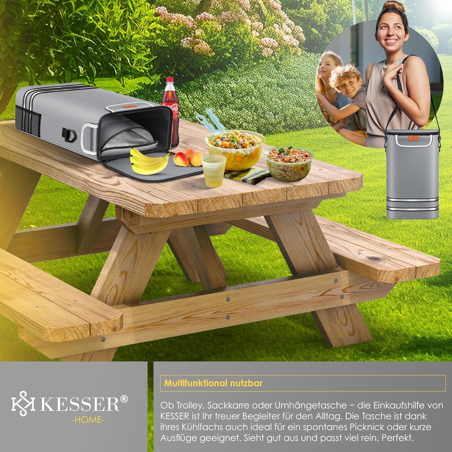 KESSER® Einkaufstrolley klappbar mit 56L Kapazität und belastbar bis 50kg | 3in1 Trolley Sackkarre & Umhängetasche | Faltbarer Einkaufswagen inkl. Kühlfach & Einkaufschip | Treppensteiger Grau — Ansicht 6