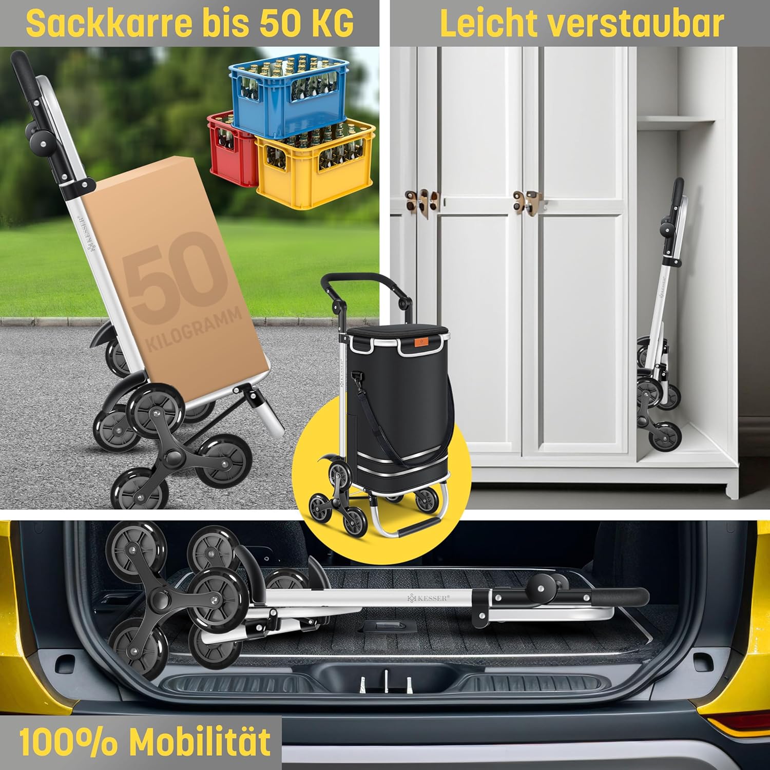 KESSER® Einkaufstrolley Treppensteiger mit Kühlfach klappbar mit 56L Kapazität und belastbar bis 50kg | 3in1 Trolley Sackkarre & Umhängetasche | Faltbarer Einkaufswagen inkl. Einkaufschip, Schwarz — Ansicht 3