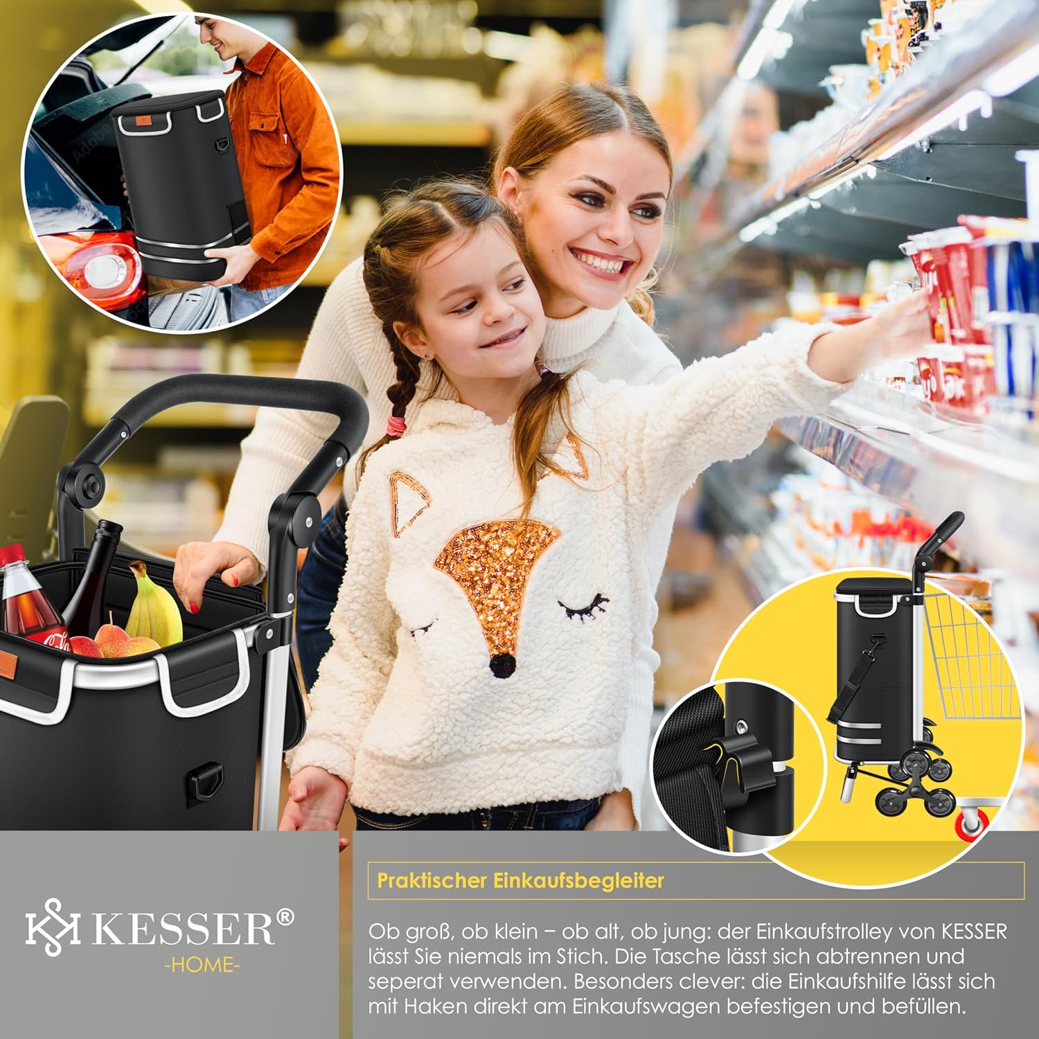 KESSER® Einkaufstrolley Treppensteiger mit Kühlfach klappbar mit 56L Kapazität und belastbar bis 50kg | 3in1 Trolley Sackkarre & Umhängetasche | Faltbarer Einkaufswagen inkl. Einkaufschip, Schwarz — Ansicht 4