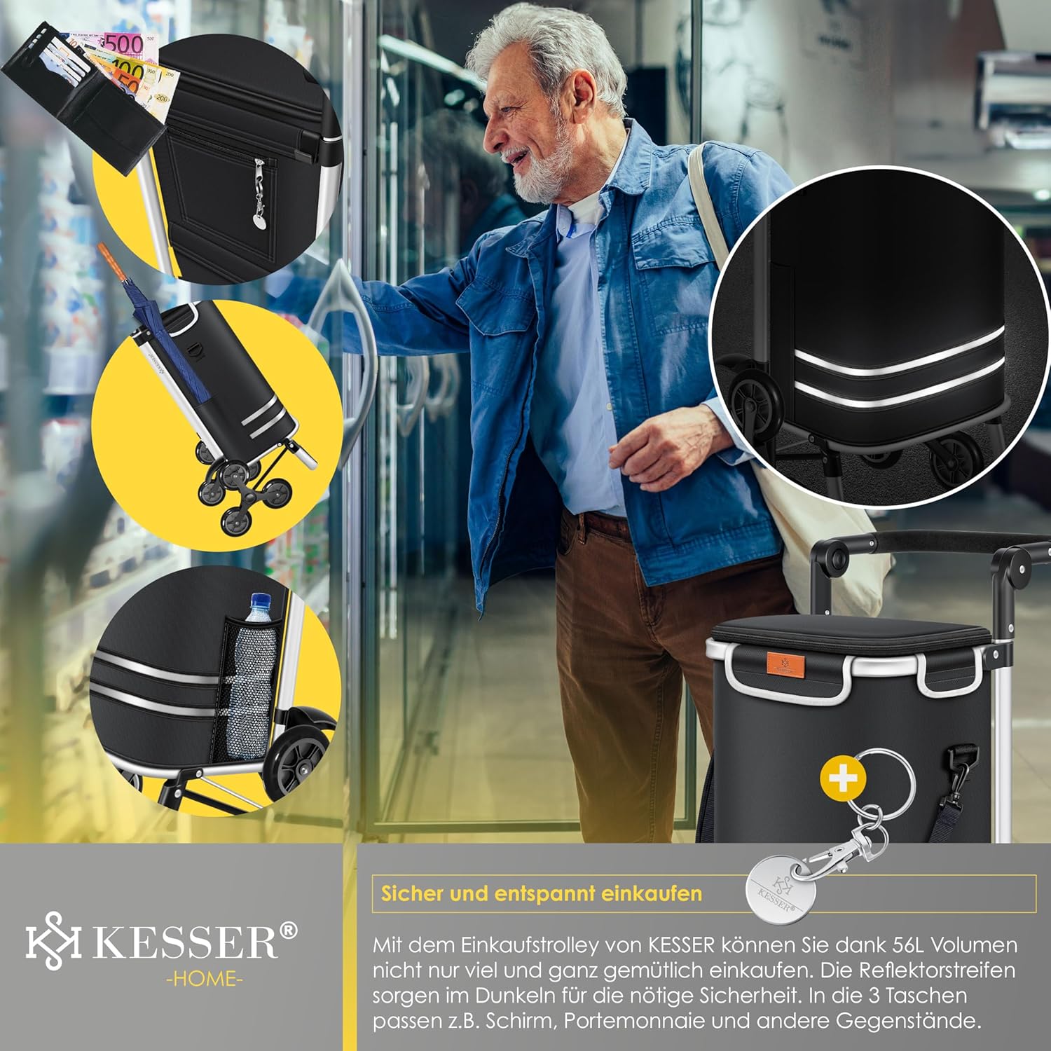 KESSER® Einkaufstrolley Treppensteiger mit Kühlfach klappbar mit 56L Kapazität und belastbar bis 50kg | 3in1 Trolley Sackkarre & Umhängetasche | Faltbarer Einkaufswagen inkl. Einkaufschip, Schwarz — Ansicht 5