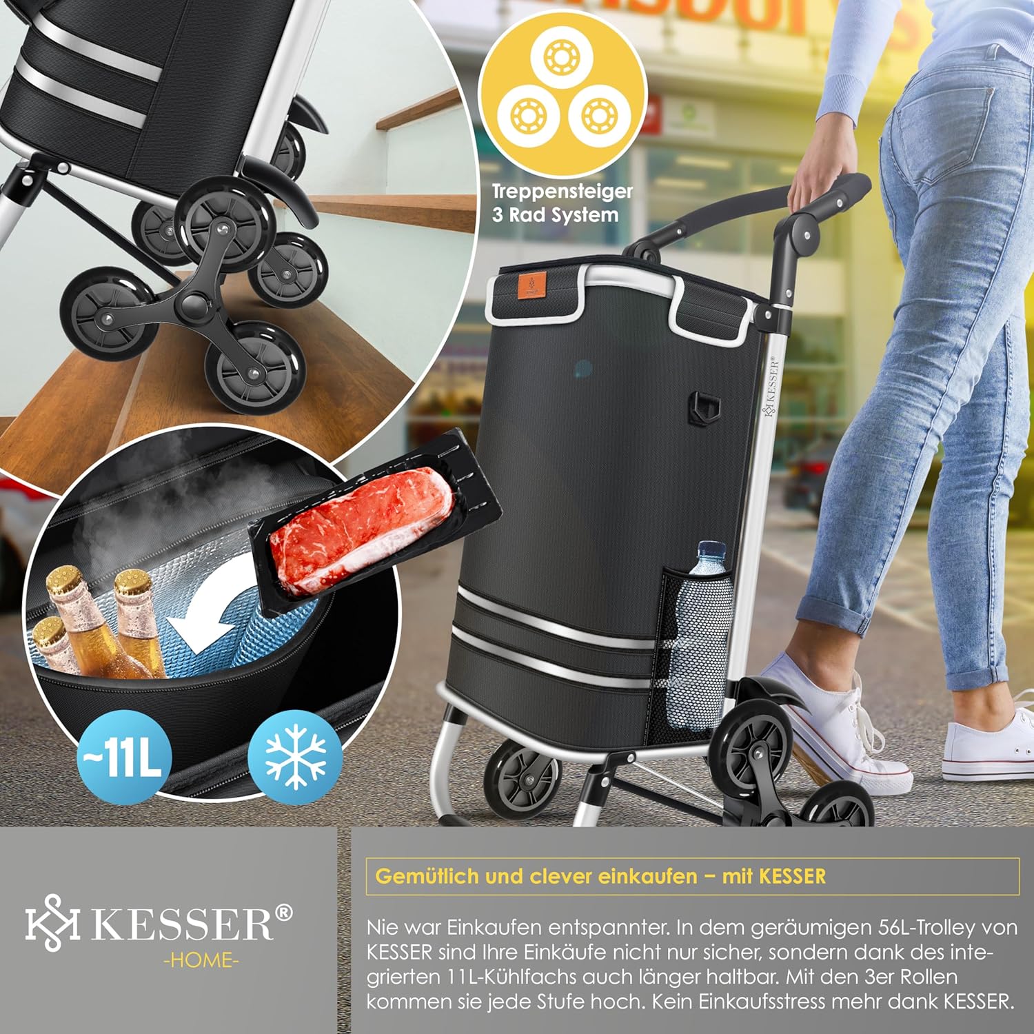 KESSER® Einkaufstrolley Treppensteiger mit Kühlfach klappbar mit 56L Kapazität und belastbar bis 50kg | 3in1 Trolley Sackkarre & Umhängetasche | Faltbarer Einkaufswagen inkl. Einkaufschip, Schwarz — Ansicht 6