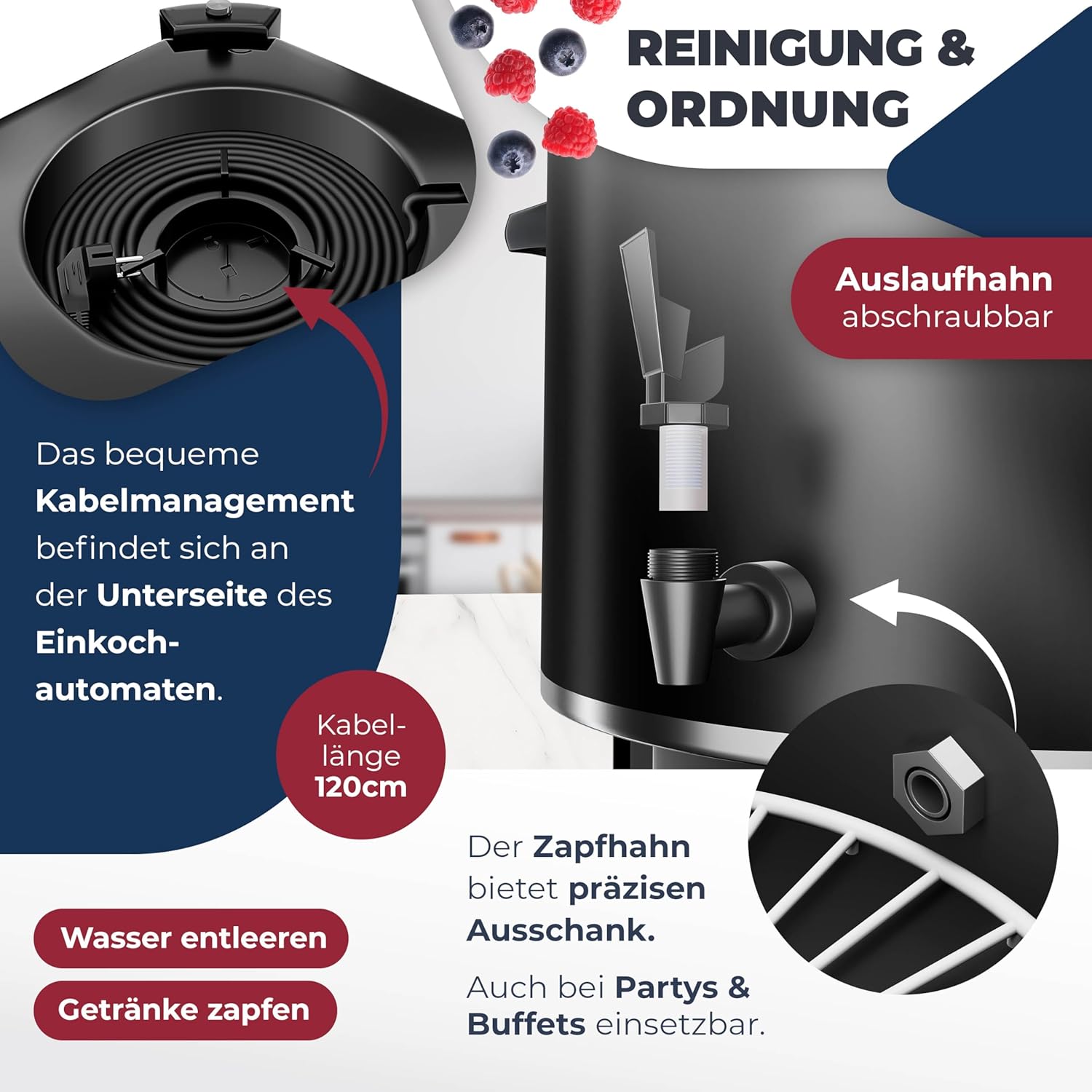 KESSER Einkochautomat 27 Liter, Edelstahl| 1800 Watt | Temperatur von 30-100°C | Dauerbetrieb | Abschaltautomatik Einkochvollautomat Heißgetränkeautomat Glühweintopf mit Zange & 2 Gläsern, schwarz — Ansicht 4