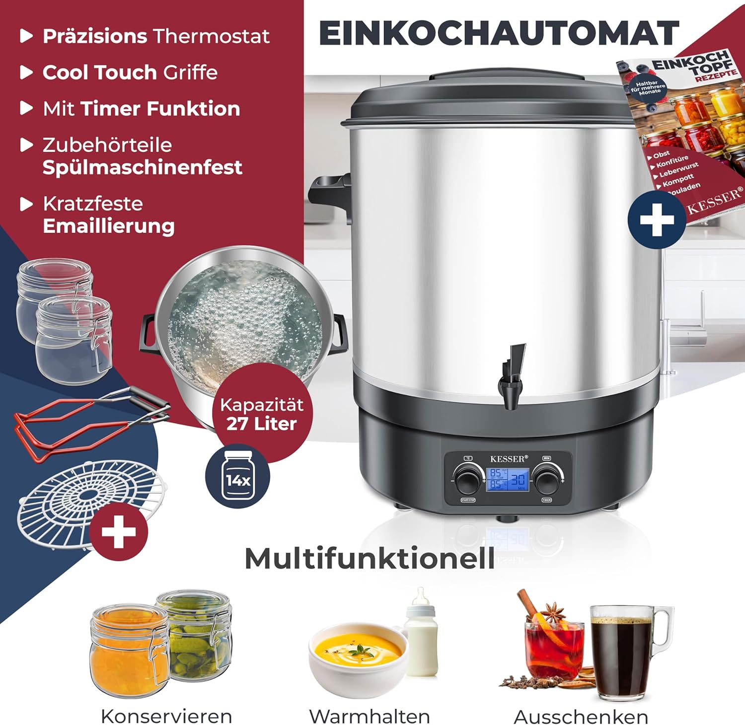 KESSER Einkochautomat 27 Liter Glühweinkocher Glühweinkessel mit Timer 2000 Watt Temperatur von 30-100°C Zeituhr bis 120 Minuten und Dauerbetrieb Abschaltautomatik Einkochvollautomat 2 Gläser & Zange — Ansicht 2