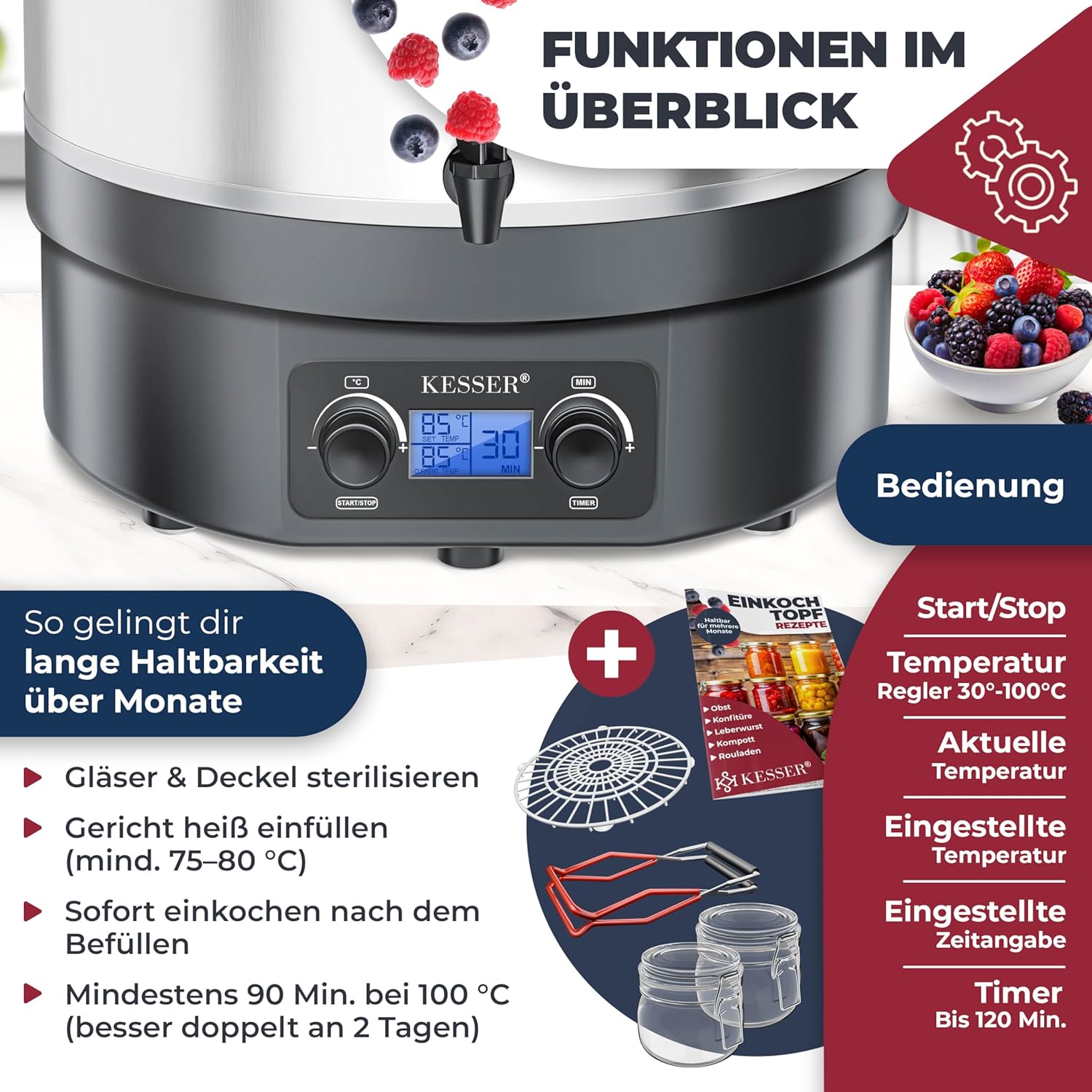 KESSER Einkochautomat 27 Liter Glühweinkocher Glühweinkessel mit Timer 2000 Watt Temperatur von 30-100°C Zeituhr bis 120 Minuten und Dauerbetrieb Abschaltautomatik Einkochvollautomat 2 Gläser & Zange — Ansicht 3