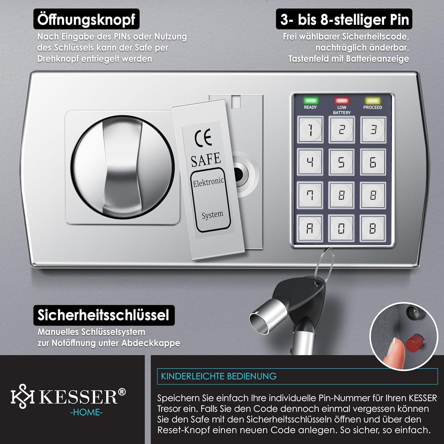 KESSER® Elektr. Tresor | 31x20x20cm | LED-Anzeige | Elektronischer Safe | Doppelbolzenverriegelung | Wandtresor | Montagematerial | Möbeltresor | Innenbeleuchtung, Panzerschrank Zahlenschloss Silber — Ansicht 4