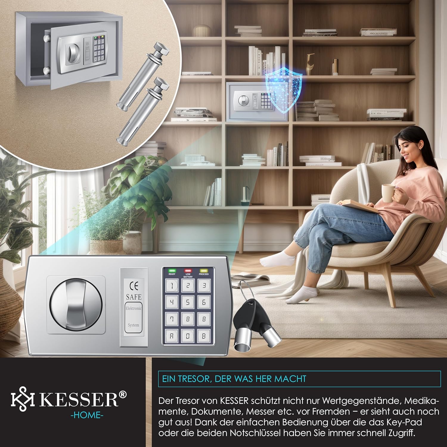 KESSER® Elektr. Tresor | 31x20x20cm | LED-Anzeige | Elektronischer Safe | Doppelbolzenverriegelung | Wandtresor | Montagematerial | Möbeltresor | Innenbeleuchtung, Panzerschrank Zahlenschloss Silber — Ansicht 6