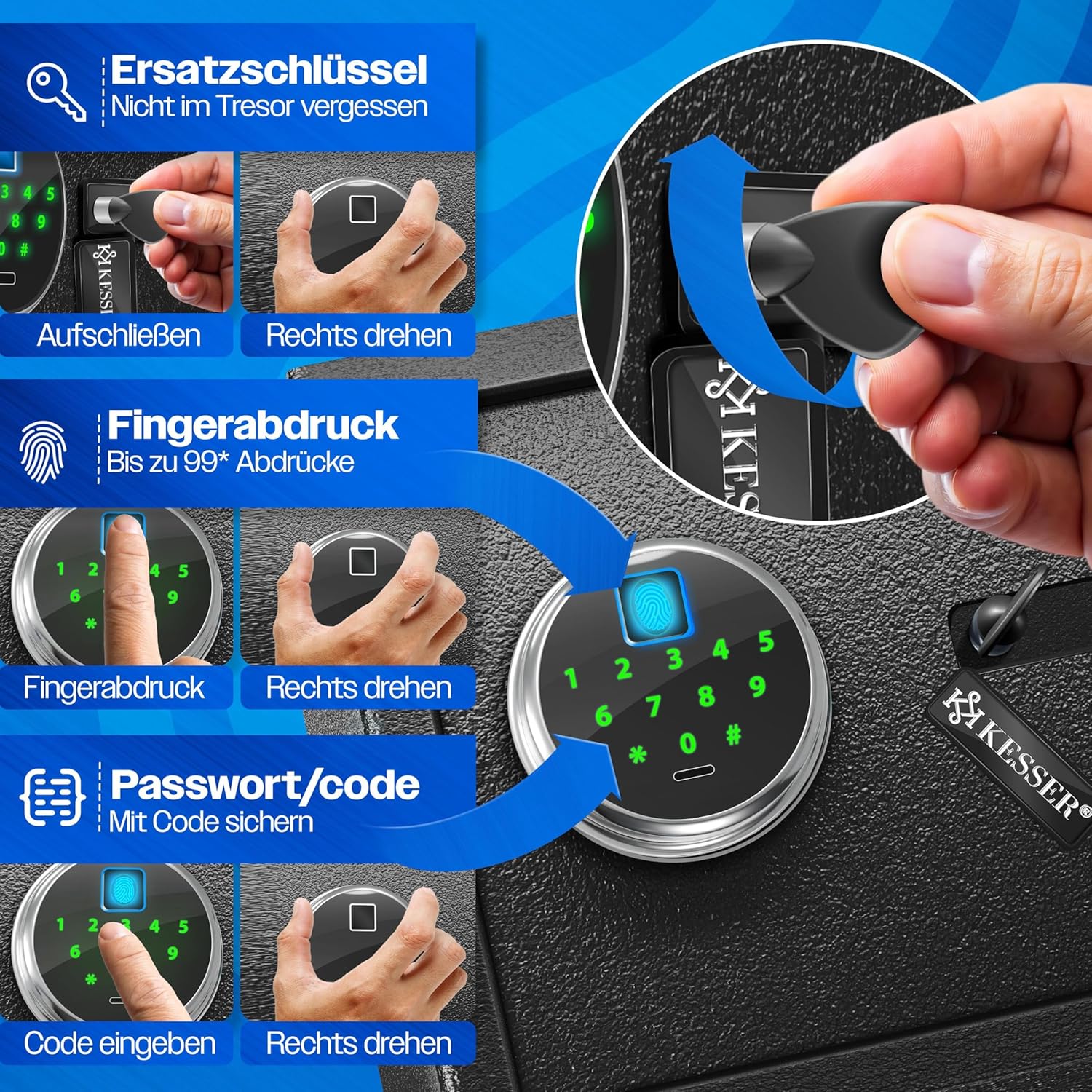 KESSER® Elektr. Tresor mit Fingerabdruck & Schlüssel M | Inkl. Notfallakku | Elektronischer Safe | 3x Doppelbolzenverriegelung | Boden Wandtresor | Möbeltresor | Panzerschrank Zahlenschloss Schwarz — Ansicht 5