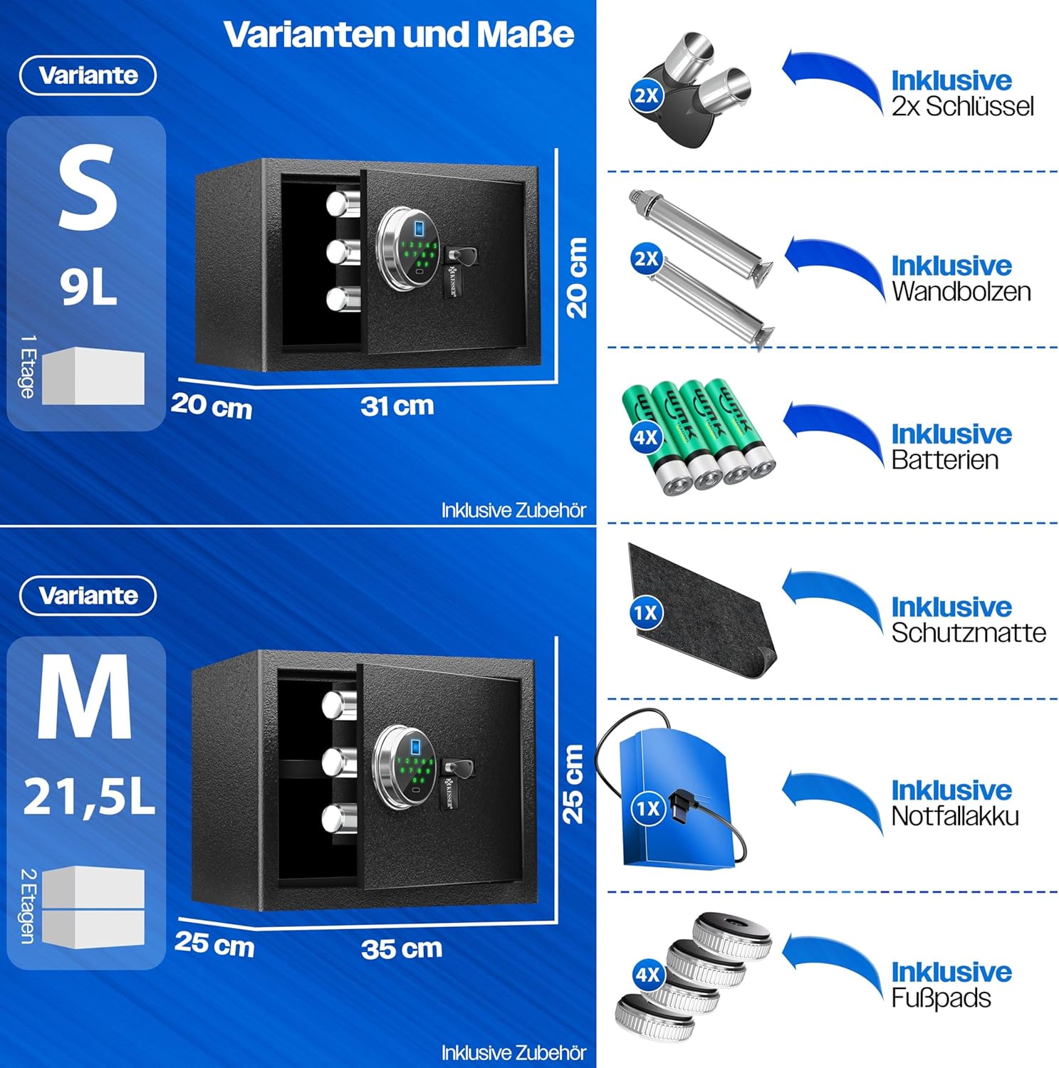 KESSER® Elektr. Tresor mit Fingerabdruck & Schlüssel M | Inkl. Notfallakku | Elektronischer Safe | 3x Doppelbolzenverriegelung | Boden Wandtresor | Möbeltresor | Panzerschrank Zahlenschloss Schwarz — Ansicht 6