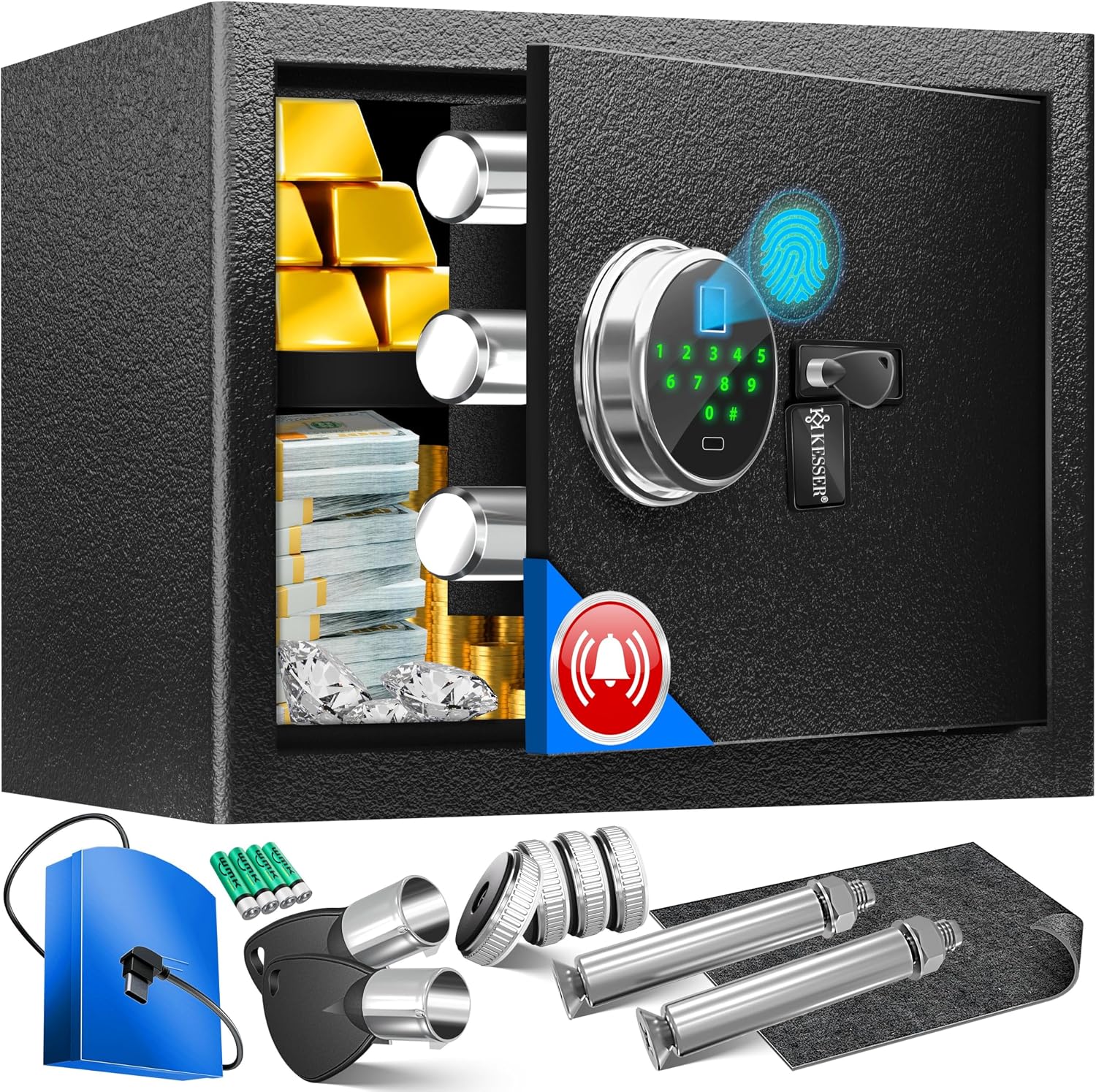 KESSER® Elektr. Tresor mit Fingerabdruck & Schlüssel M | Inkl. Notfallakku | Elektronischer Safe | 3x Doppelbolzenverriegelung | Boden Wandtresor | Möbeltresor | Panzerschrank Zahlenschloss Schwarz