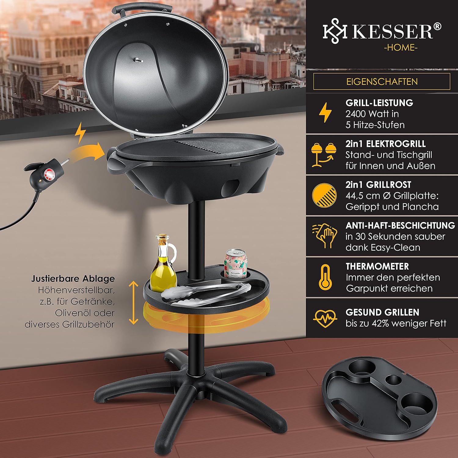 KESSER® elektrischer Elektrogrill 2in1 Tischgrill - Standgrill mit Deckel Standfuß | max. 2400 Watt Thermometer | Antihaftbeschichtung | XXL Grillplatte | integrierte Ablagefläche Elektro-Säulengrill — Ansicht 2