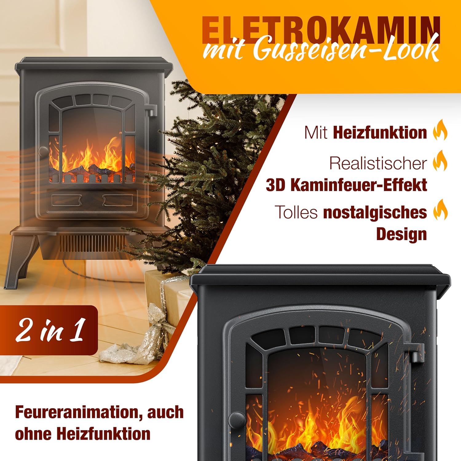 KESSER® Elektrokamin mit Heizlüfter & Fernbedienung 2000W Elektro Kamin Elektrischer Heizung LED Kaminfeuer Effekt Kaminofen Flammeneffekt Heizer Ofen geräuscharm regelbar Schwarz — Ansicht 2