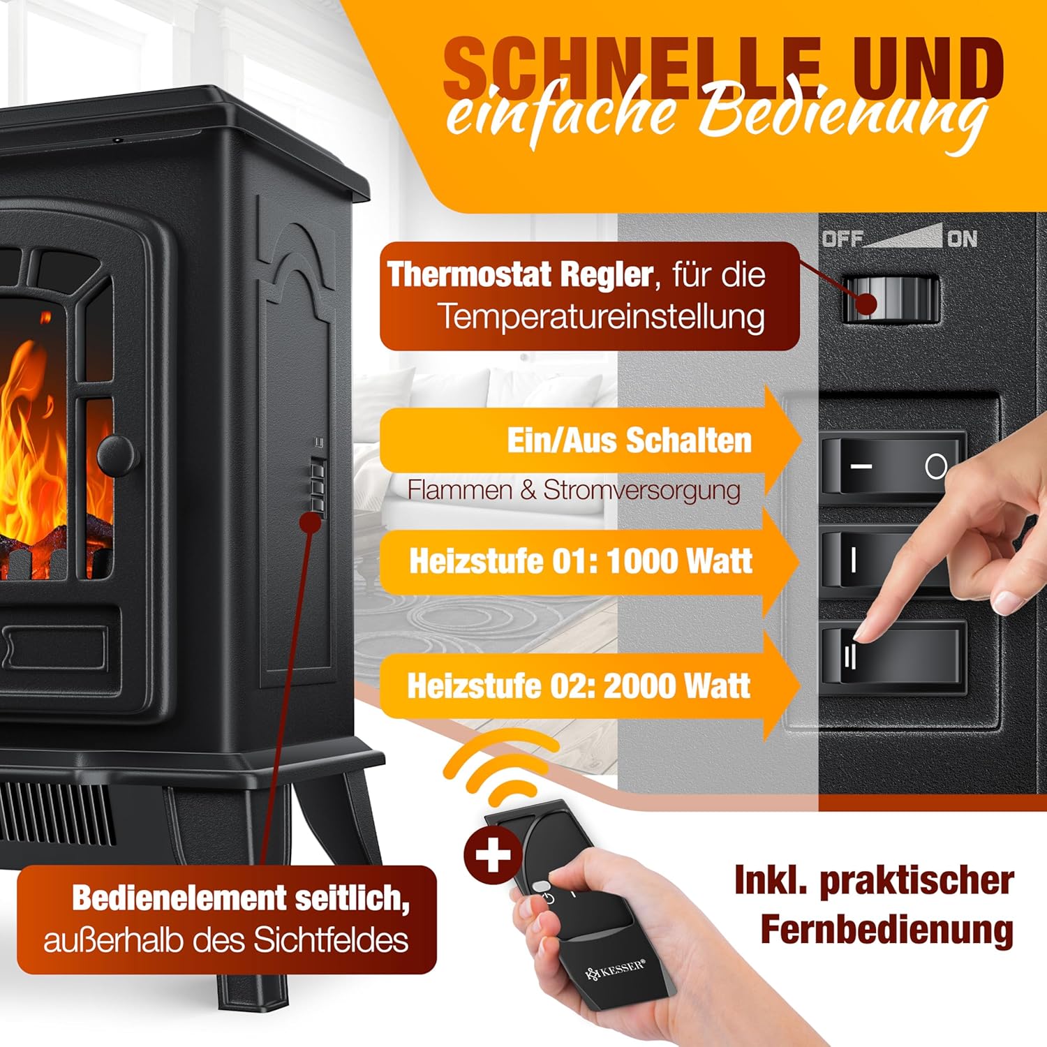 KESSER® Elektrokamin mit Heizlüfter & Fernbedienung 2000W Elektro Kamin Elektrischer Heizung LED Kaminfeuer Effekt Kaminofen Flammeneffekt Heizer Ofen geräuscharm regelbar Schwarz — Ansicht 3