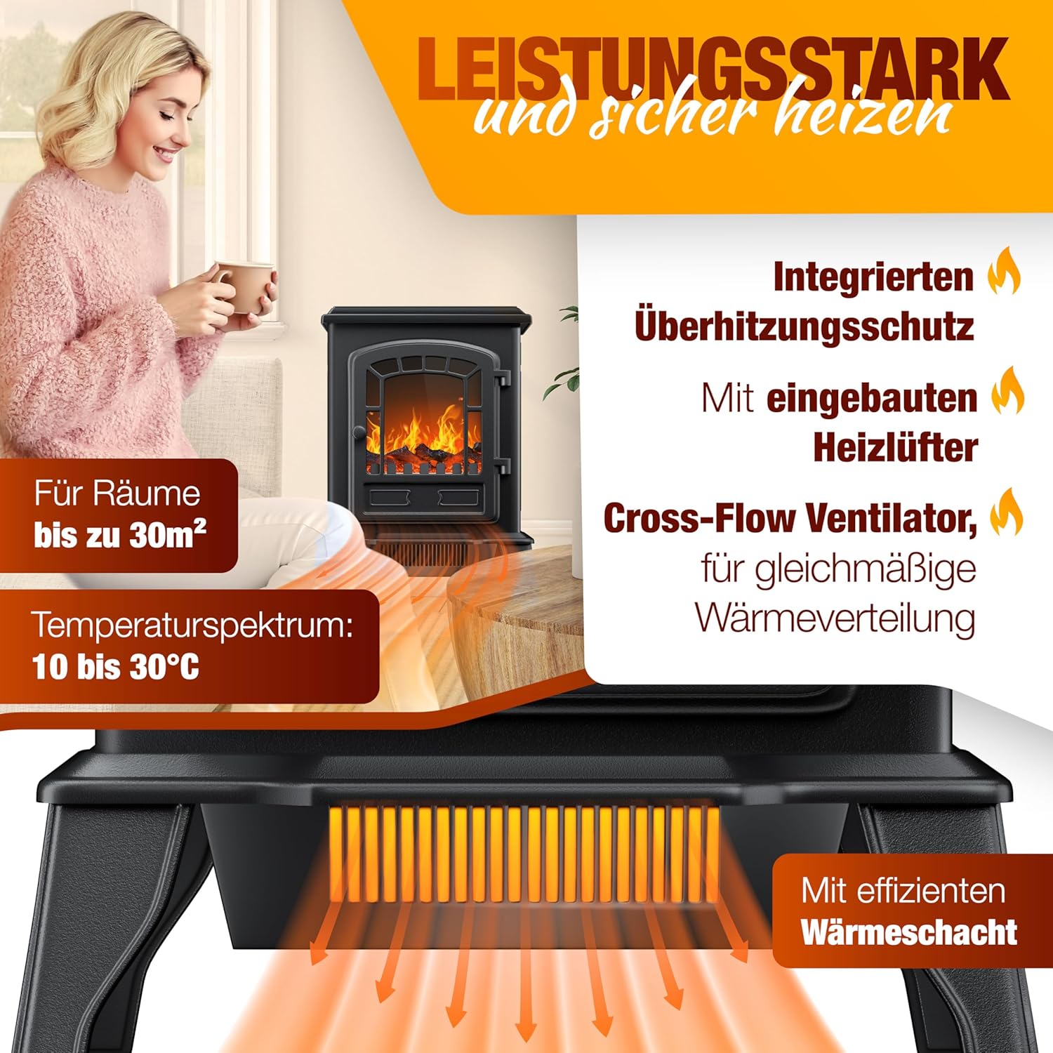 KESSER® Elektrokamin mit Heizlüfter & Fernbedienung 2000W Elektro Kamin Elektrischer Heizung LED Kaminfeuer Effekt Kaminofen Flammeneffekt Heizer Ofen geräuscharm regelbar Schwarz — Ansicht 4