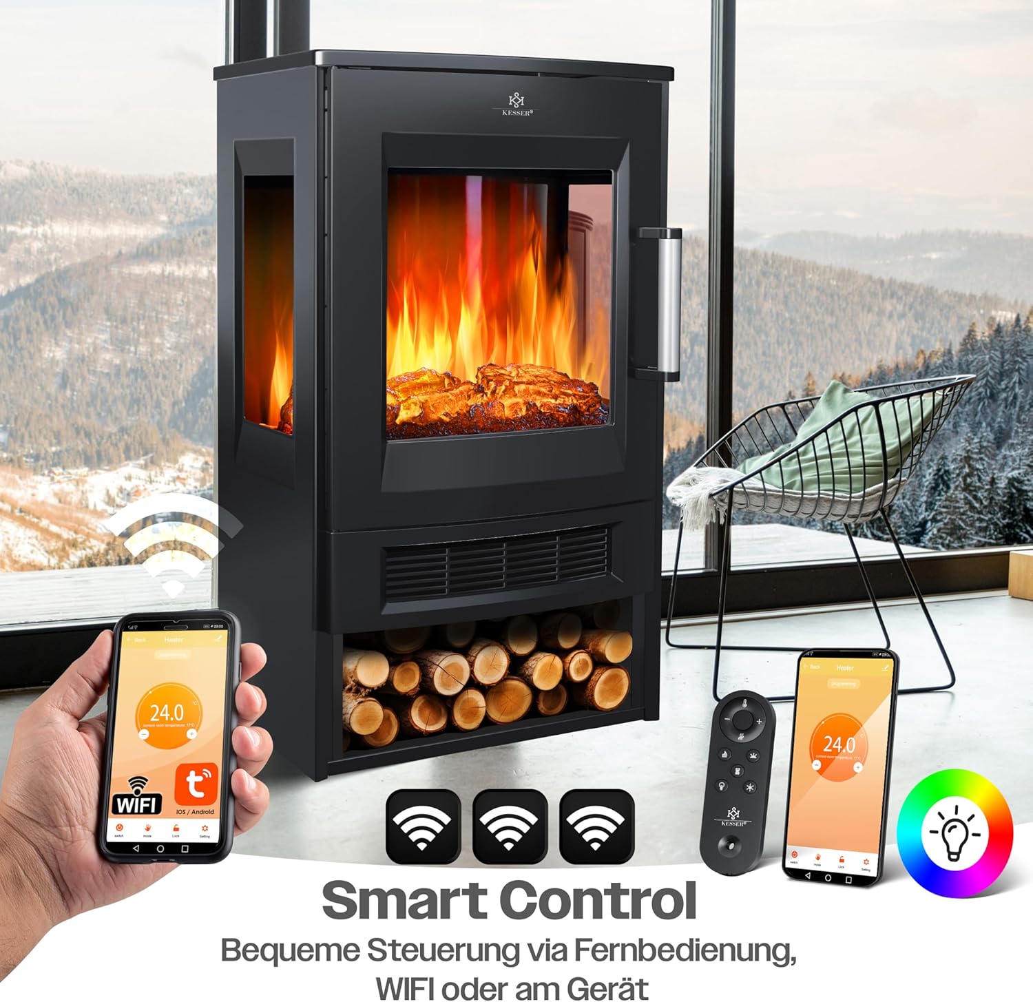 KESSER® Elektrokamin mit Heizung Panorama-Sichtfenster Heizlüfter 9 LED-Flammeneffekt Farbmodi Fernbedienung WiFi App 900/1800W Kaminfeuer elektrisch mit Thermostat Heizfunktion Timer — Ansicht 3
