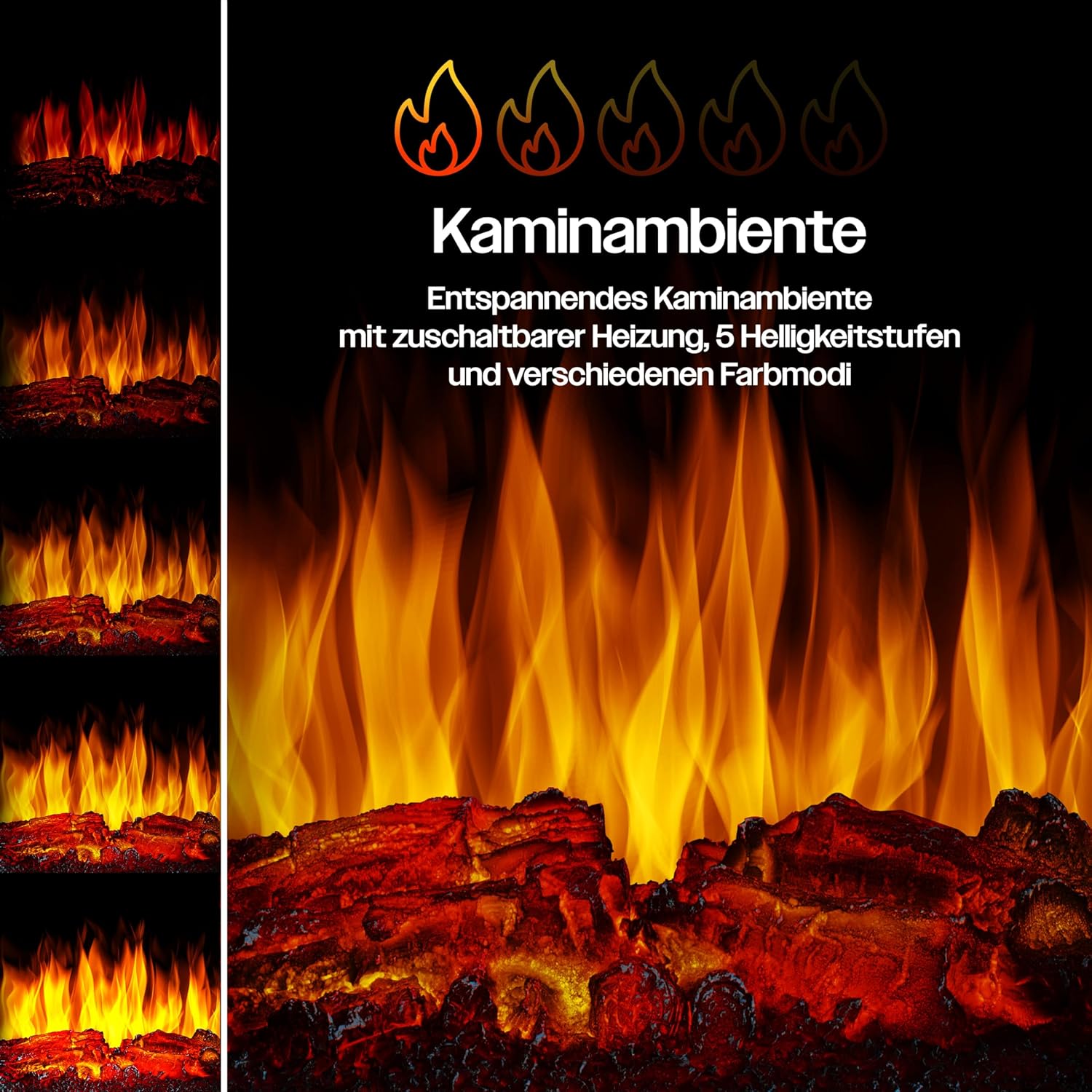 KESSER® Elektrokamin mit Heizung Panorama-Sichtfenster Heizlüfter 9 LED-Flammeneffekt Farbmodi Fernbedienung WiFi App 900/1800W Kaminfeuer elektrisch mit Thermostat Heizfunktion Timer — Ansicht 4