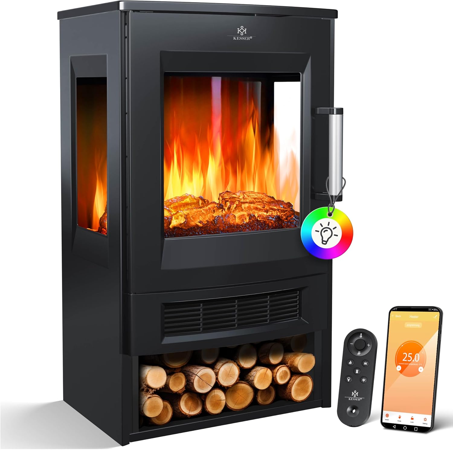 KESSER® Elektrokamin mit Heizung Panorama-Sichtfenster Heizlüfter 9 LED-Flammeneffekt Farbmodi Fernbedienung WiFi App 900/1800W Kaminfeuer elektrisch mit Thermostat Heizfunktion Timer