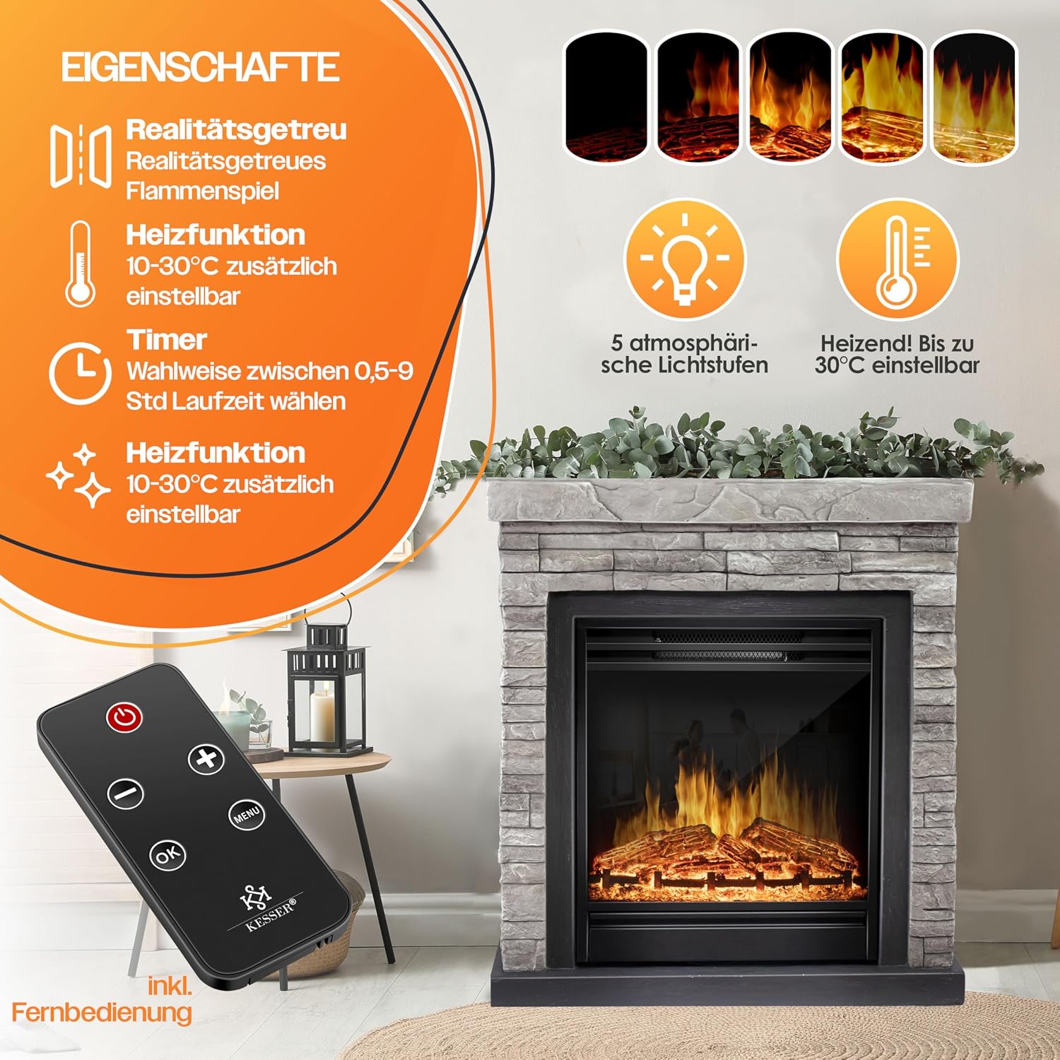 KESSER® Elektrokamin Standkamin - Kamin elektrisch mit LED 3D-Flammeneffekt, Heizung Heizfunktion, Elektro 1800W Leistung, Timer, Thermostat, Fernbedienung, dimmbar, Steinoptik/Grau — Ansicht 2