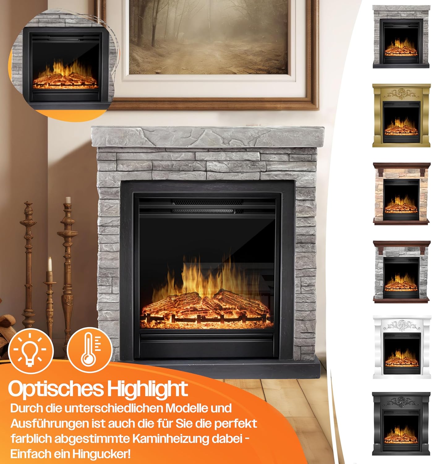 KESSER® Elektrokamin Standkamin - Kamin elektrisch mit LED 3D-Flammeneffekt, Heizung Heizfunktion, Elektro 1800W Leistung, Timer, Thermostat, Fernbedienung, dimmbar, Steinoptik/Grau — Ansicht 3