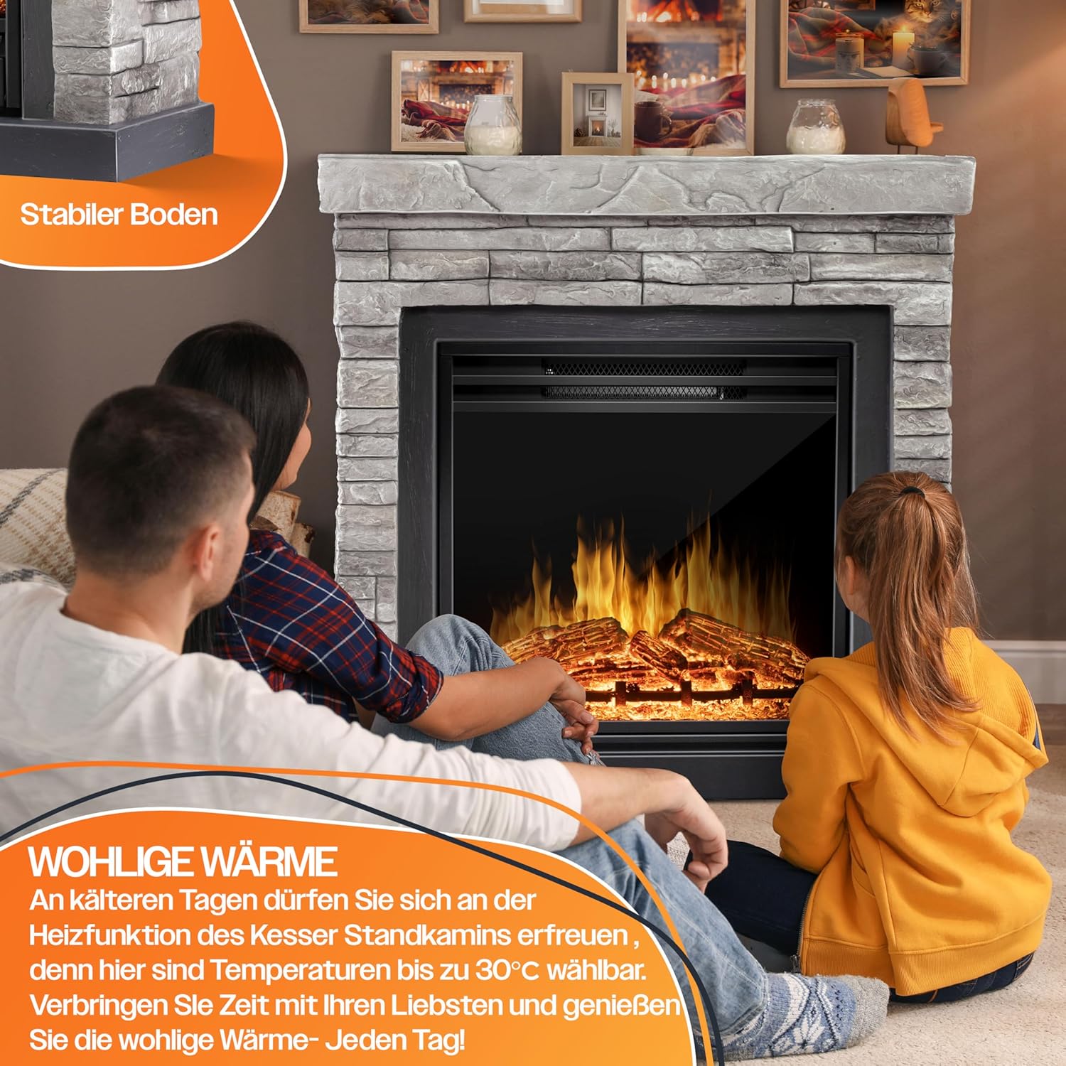 KESSER® Elektrokamin Standkamin - Kamin elektrisch mit LED 3D-Flammeneffekt, Heizung Heizfunktion, Elektro 1800W Leistung, Timer, Thermostat, Fernbedienung, dimmbar, Steinoptik/Grau — Ansicht 5