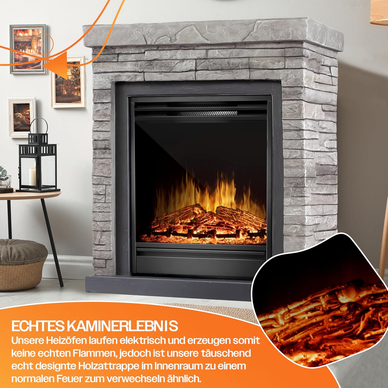 KESSER® Elektrokamin Standkamin - Kamin elektrisch mit LED 3D-Flammeneffekt, Heizung Heizfunktion, Elektro 1800W Leistung, Timer, Thermostat, Fernbedienung, dimmbar, Steinoptik/Grau — Ansicht 6
