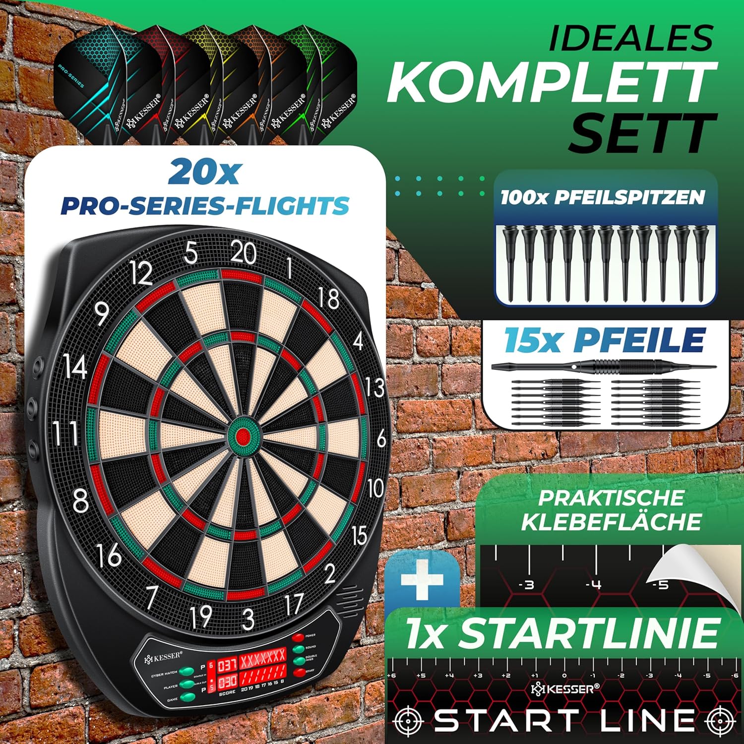 KESSER® Elektronische Dartscheibe Profi Set - E Dartboard mit 15 Dartpfeile + 20 Pro Flights 100 Pfeilspitzen + Zubehör Dart für 1 bis 8 Spieler mit LED Anzeige — Ansicht 3
