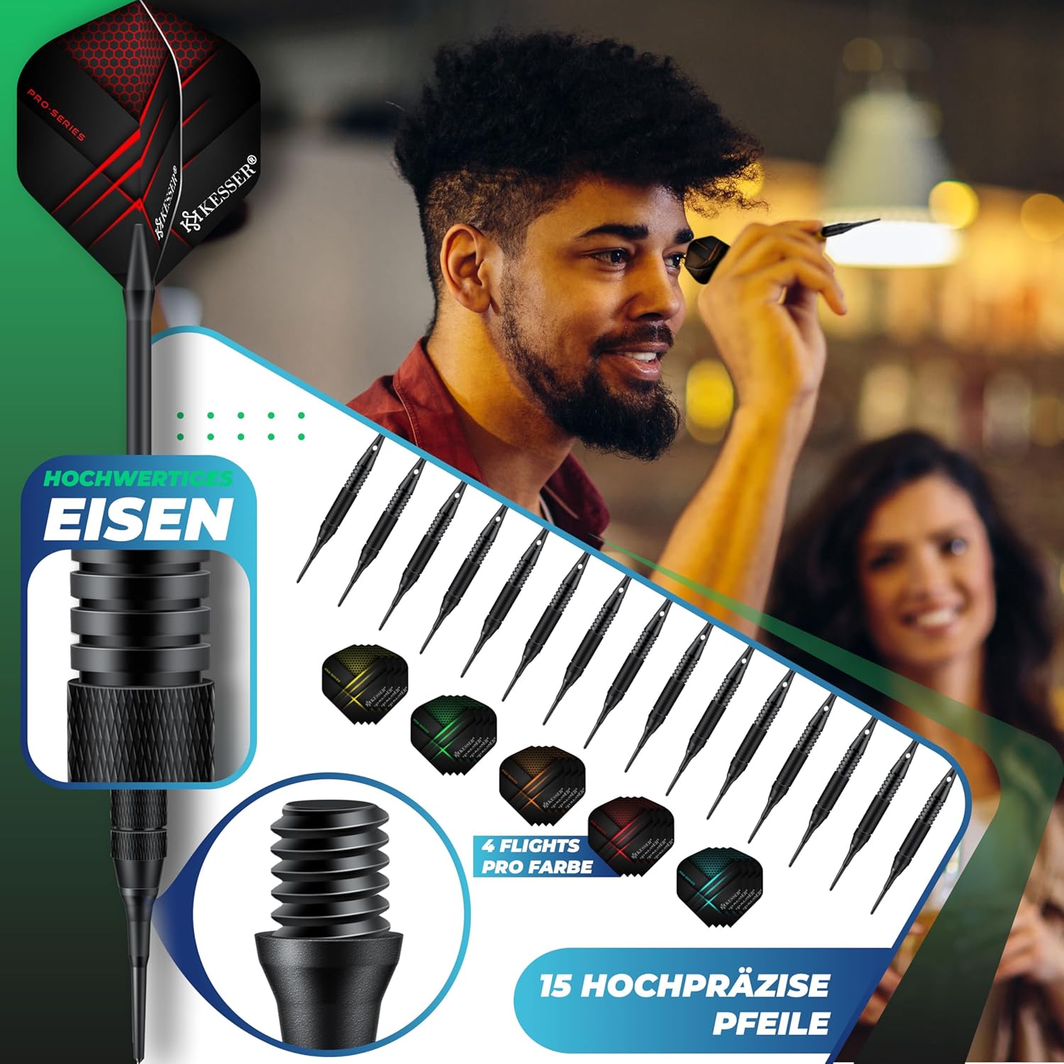 KESSER® Elektronische Dartscheibe Profi Set - E Dartboard mit 15 Dartpfeile + 20 Pro Flights 100 Pfeilspitzen + Zubehör Dart für 1 bis 8 Spieler mit LED Anzeige — Ansicht 4