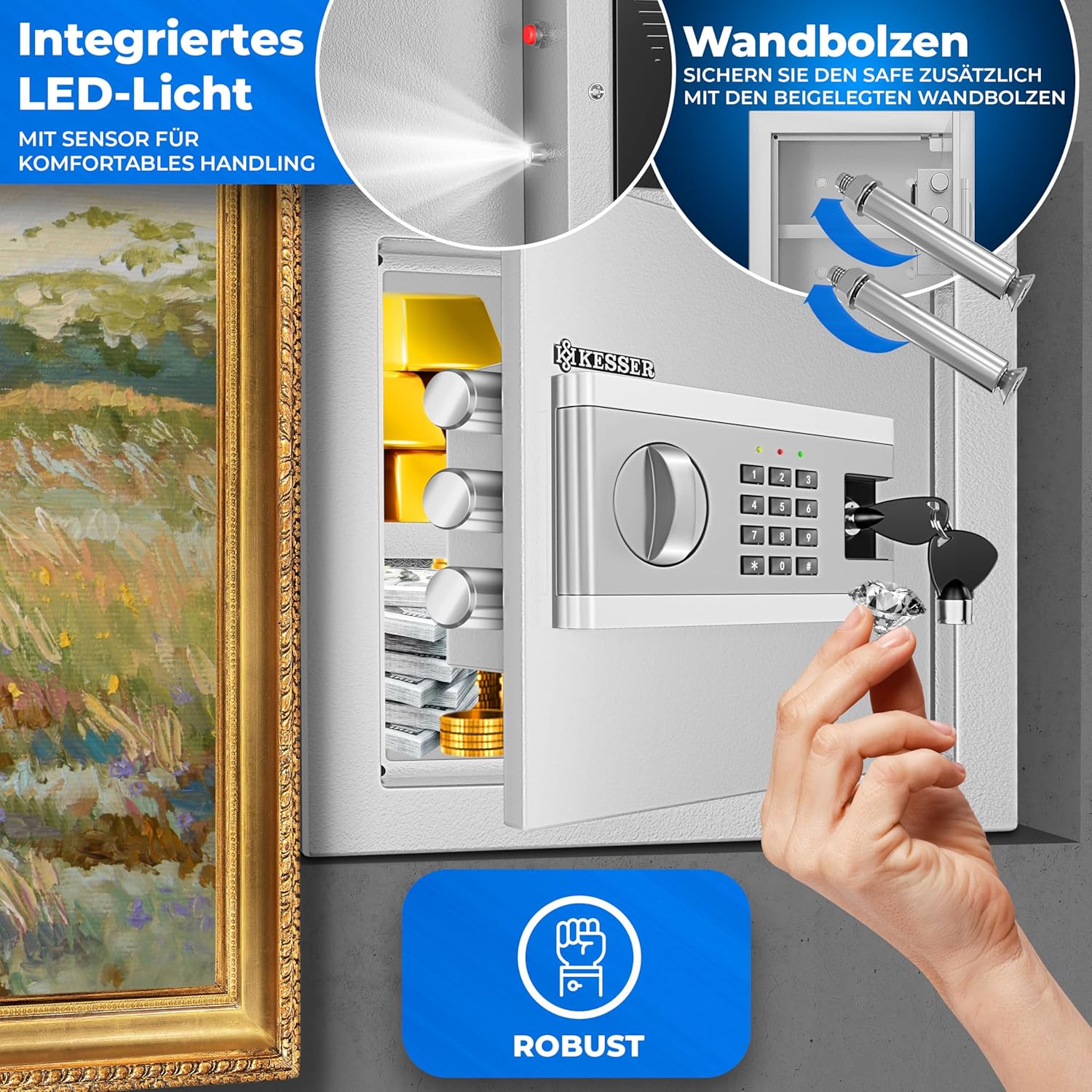 KESSER® Elektronischer Tresor | 38x30x30cm | Inkl. Batteriebox | Elektronischer Safe | 3x Doppelbolzenverriegelung | Boden Wandtresor | Möbeltresor | Innenbeleuchtung | Panzerschrank Zahlenschloss — Ansicht 4
