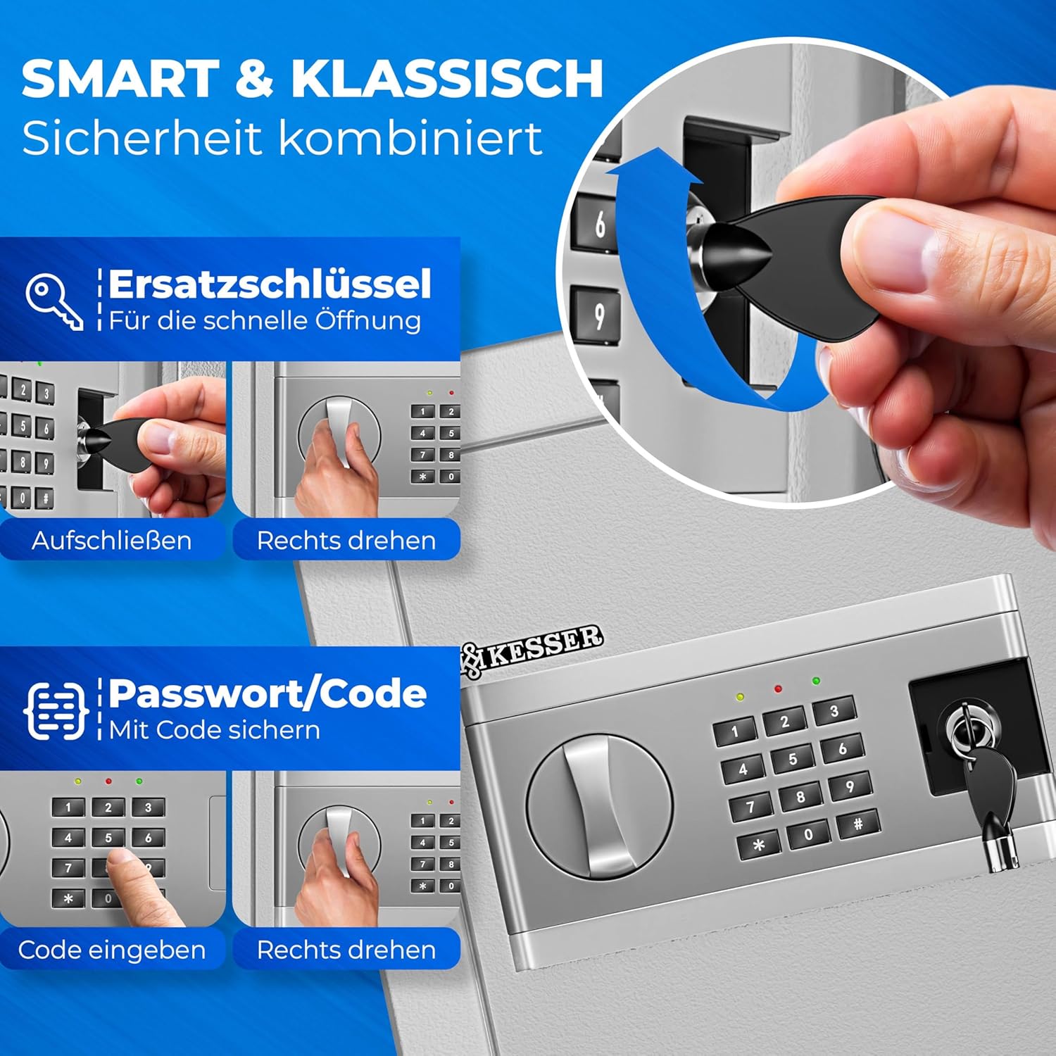 KESSER® Elektronischer Tresor | 38x30x30cm | Inkl. Batteriebox | Elektronischer Safe | 3x Doppelbolzenverriegelung | Boden Wandtresor | Möbeltresor | Innenbeleuchtung | Panzerschrank Zahlenschloss — Ansicht 5