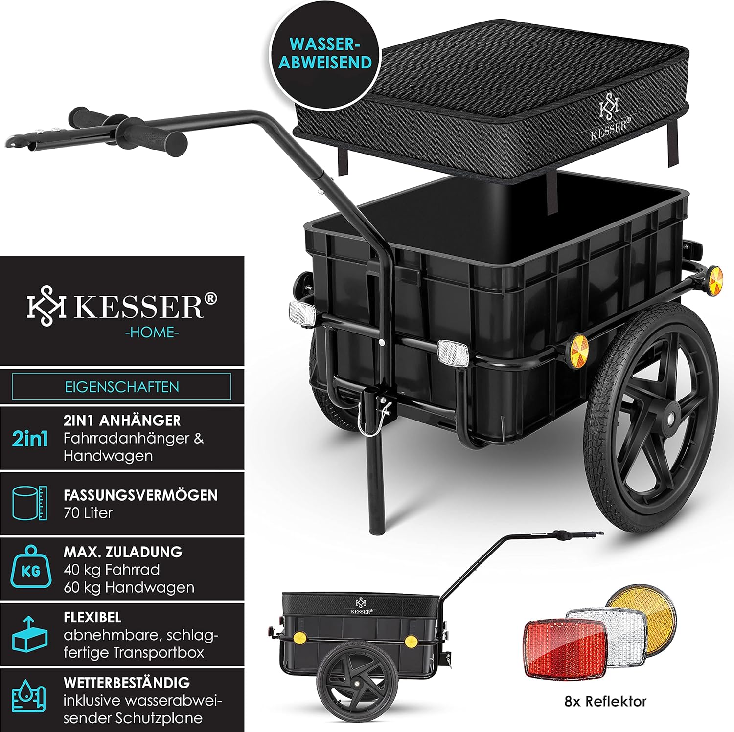 KESSER® Fahrradanhänger, Lastenanhänger, Handwagen mit Kupplung, Hochdeichsel, für Fahrrad Transportanhänger Transportbox mit 70 Liter Volumen, für 2 Bierkästen — Ansicht 2