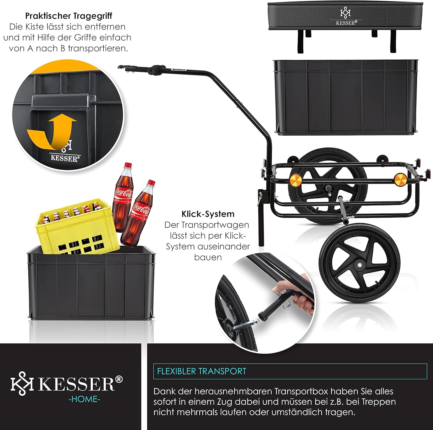 KESSER® Fahrradanhänger, Lastenanhänger, Handwagen mit Kupplung, Hochdeichsel, für Fahrrad Transportanhänger Transportbox mit 70 Liter Volumen, für 2 Bierkästen — Ansicht 4