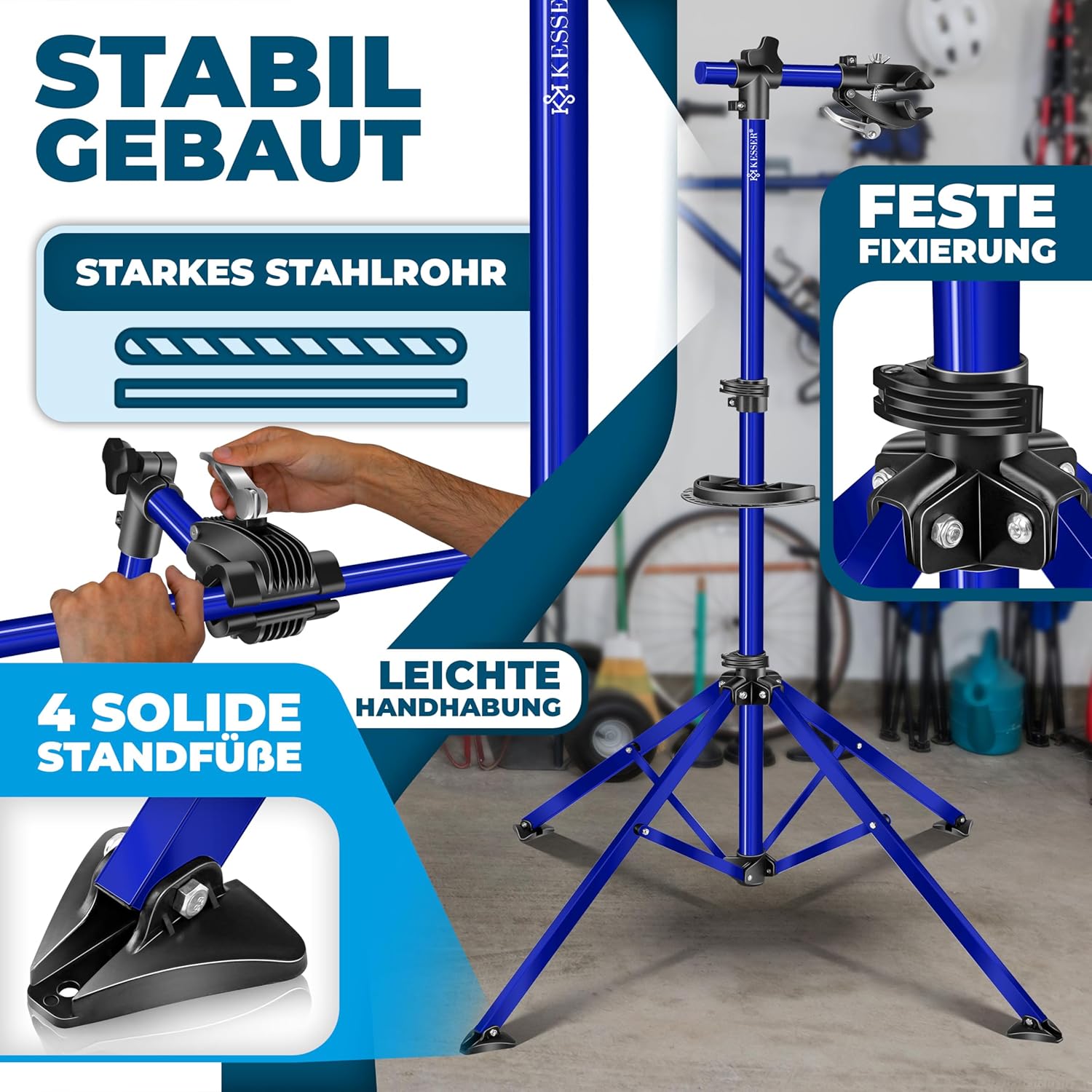 KESSER® Fahrradmontageständer Profi 50kg - 360° drehbar für E-Bike, Mountainbike & Fahrrad, höhenverstellbarer Reparaturständer, mit Werkzeugablage, Tragetasche & Schnellspanner — Ansicht 4