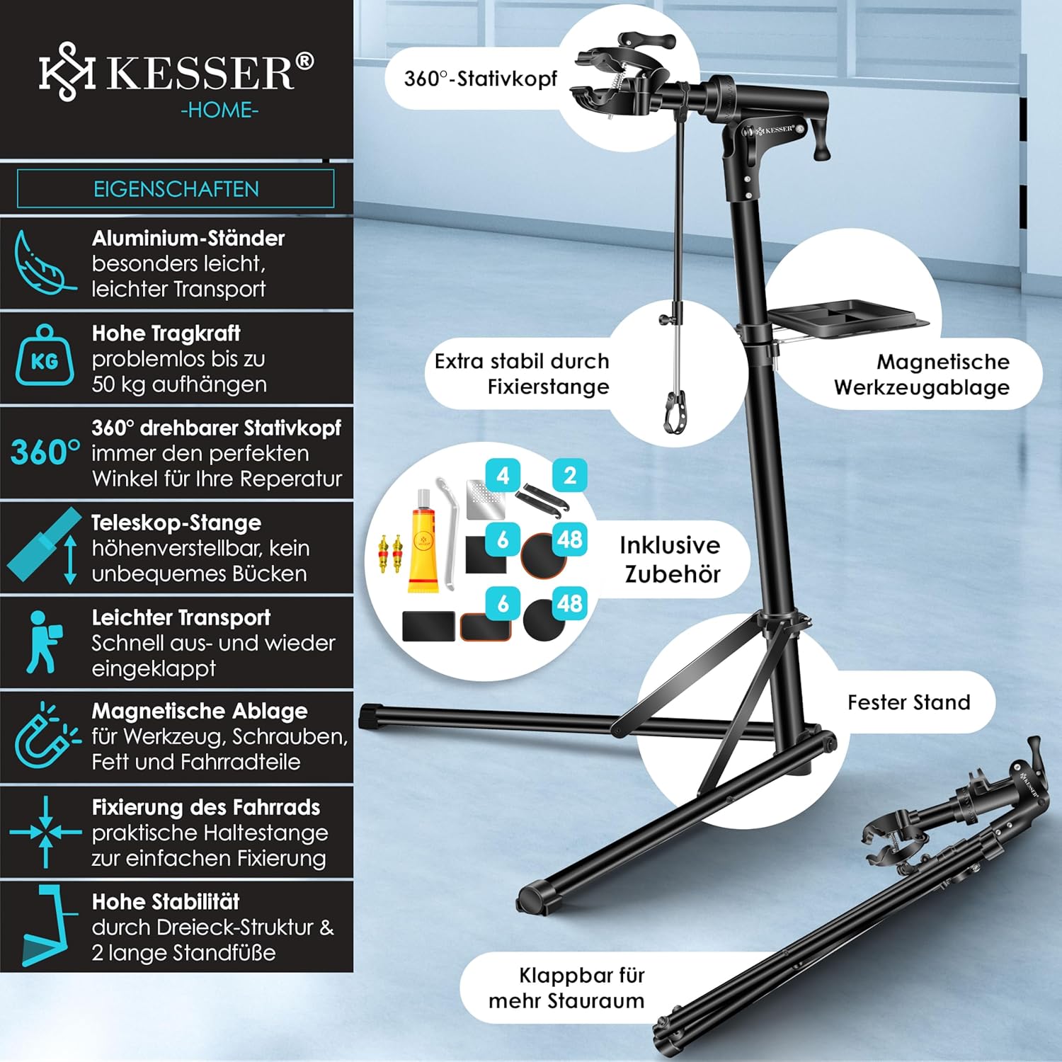 KESSER® Fahrradmontageständer Profi Alu Reparaturständer für Fahrräder Mountainbikes E-Bikes Schwerlast-Montageständer Fahrradständer 360° drehbar + Tasche, Flickzeug Set & magnetische Werkzeugablage — Ansicht 2
