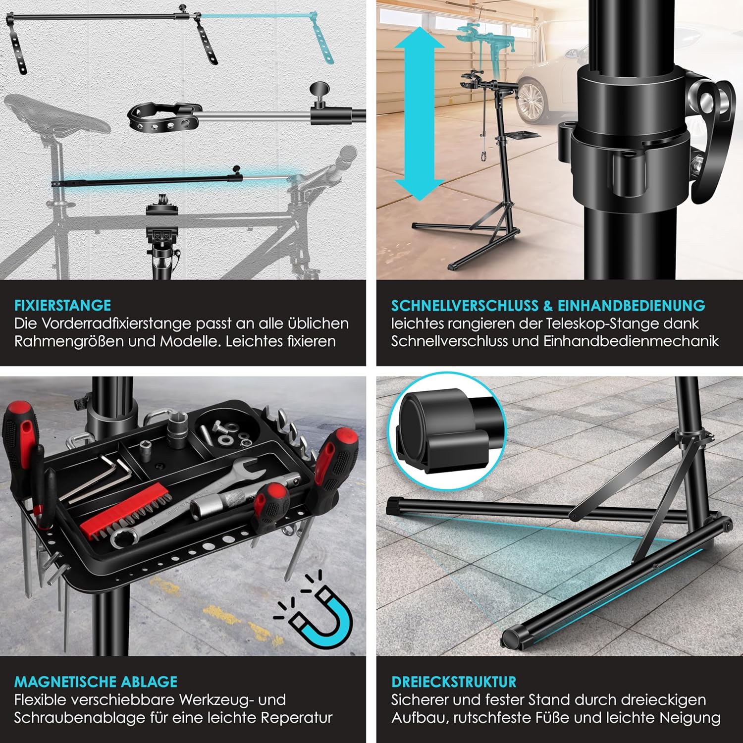 KESSER® Fahrradmontageständer Profi Alu Reparaturständer für Fahrräder Mountainbikes E-Bikes Schwerlast-Montageständer Fahrradständer 360° drehbar + Tasche, Flickzeug Set & magnetische Werkzeugablage — Ansicht 3