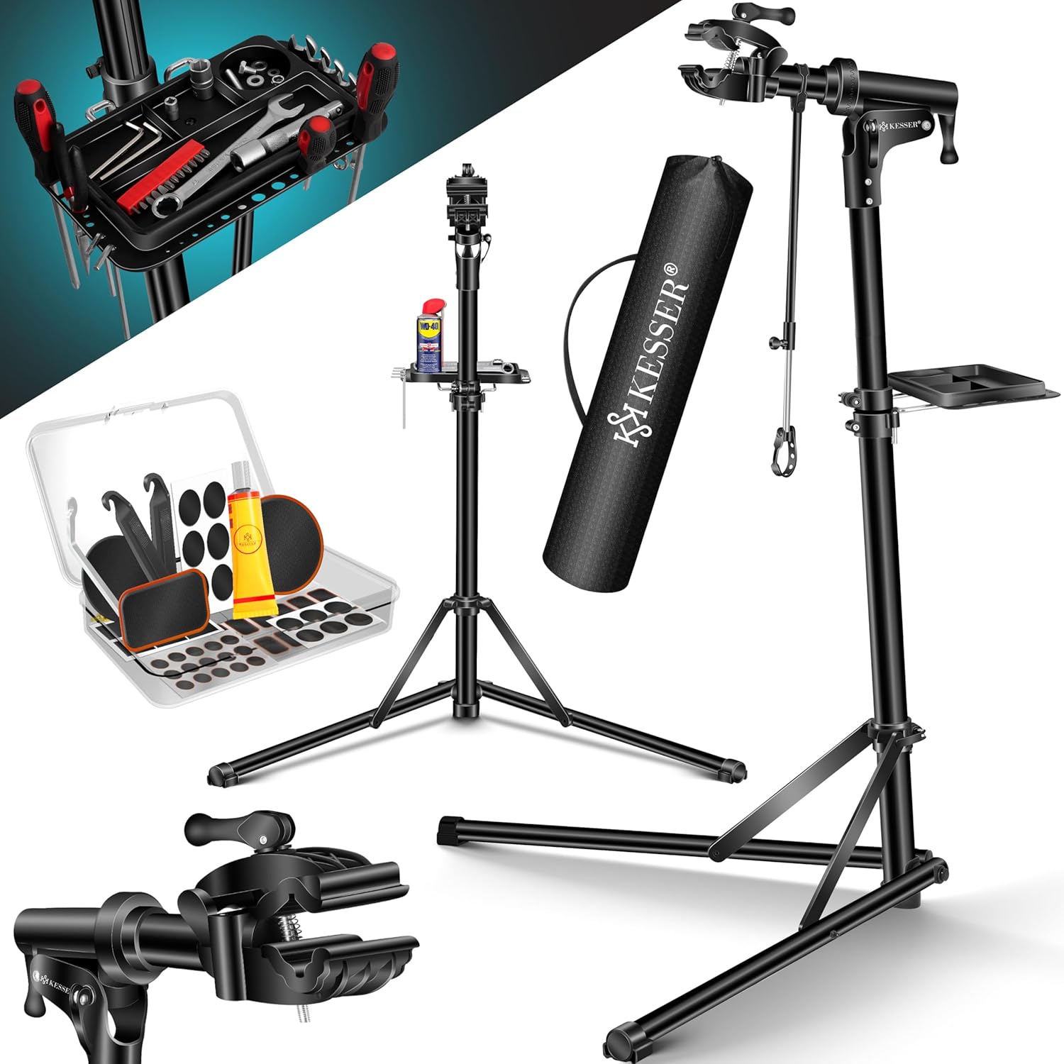 KESSER® Fahrradmontageständer Profi Alu Reparaturständer für Fahrräder Mountainbikes E-Bikes Schwerlast-Montageständer Fahrradständer 360° drehbar + Tasche, Flickzeug Set & magnetische Werkzeugablage
