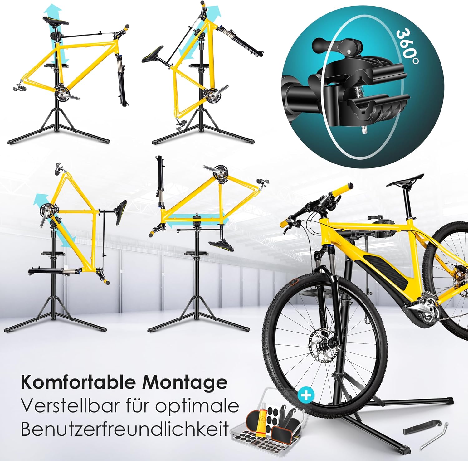 KESSER® Fahrradmontageständer Profi Alu Reparaturständer für Fahrräder Mountainbikes E-Bikes Schwerlast-Montageständer Fahrradständer 360° drehbar + Tasche, Flickzeug Set & magnetische Werkzeugablage — Ansicht 5