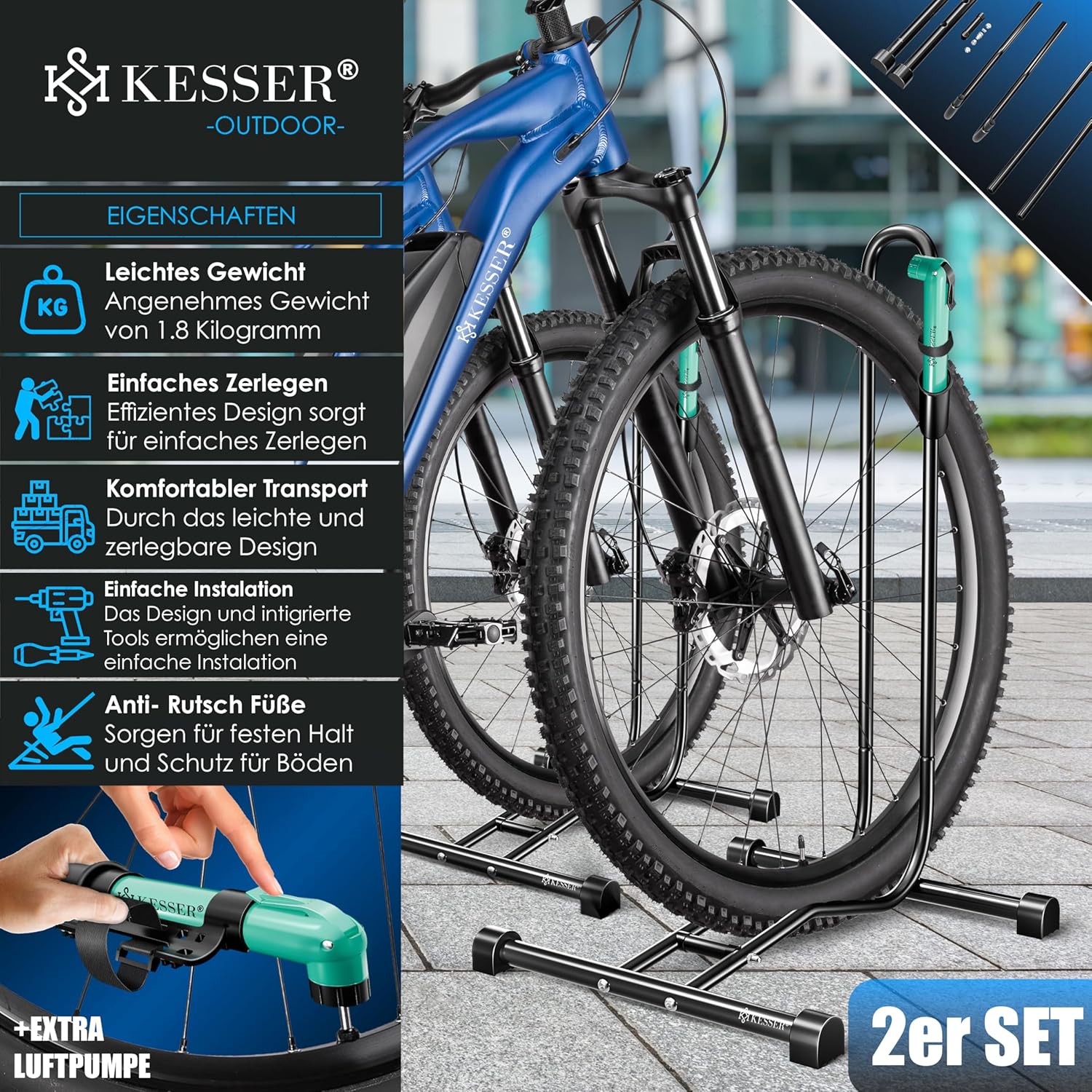 KESSER® Fahrradständer Boden einzeln für Mountainbike, E-Bike, Citybike, Rennrad, MTB | Fahrrad Montageständer | Freistehender Fahrradhalter Ständer Eisen | Reifenbreite bis 65mm | Inkl. Luftpumpe — Ansicht 2