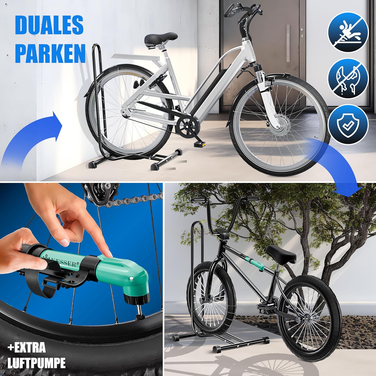 KESSER® Fahrradständer Boden einzeln für Mountainbike, E-Bike, Citybike, Rennrad, MTB | Fahrrad Montageständer | Freistehender Fahrradhalter Ständer Eisen | Reifenbreite bis 65mm | Inkl. Luftpumpe — Ansicht 3