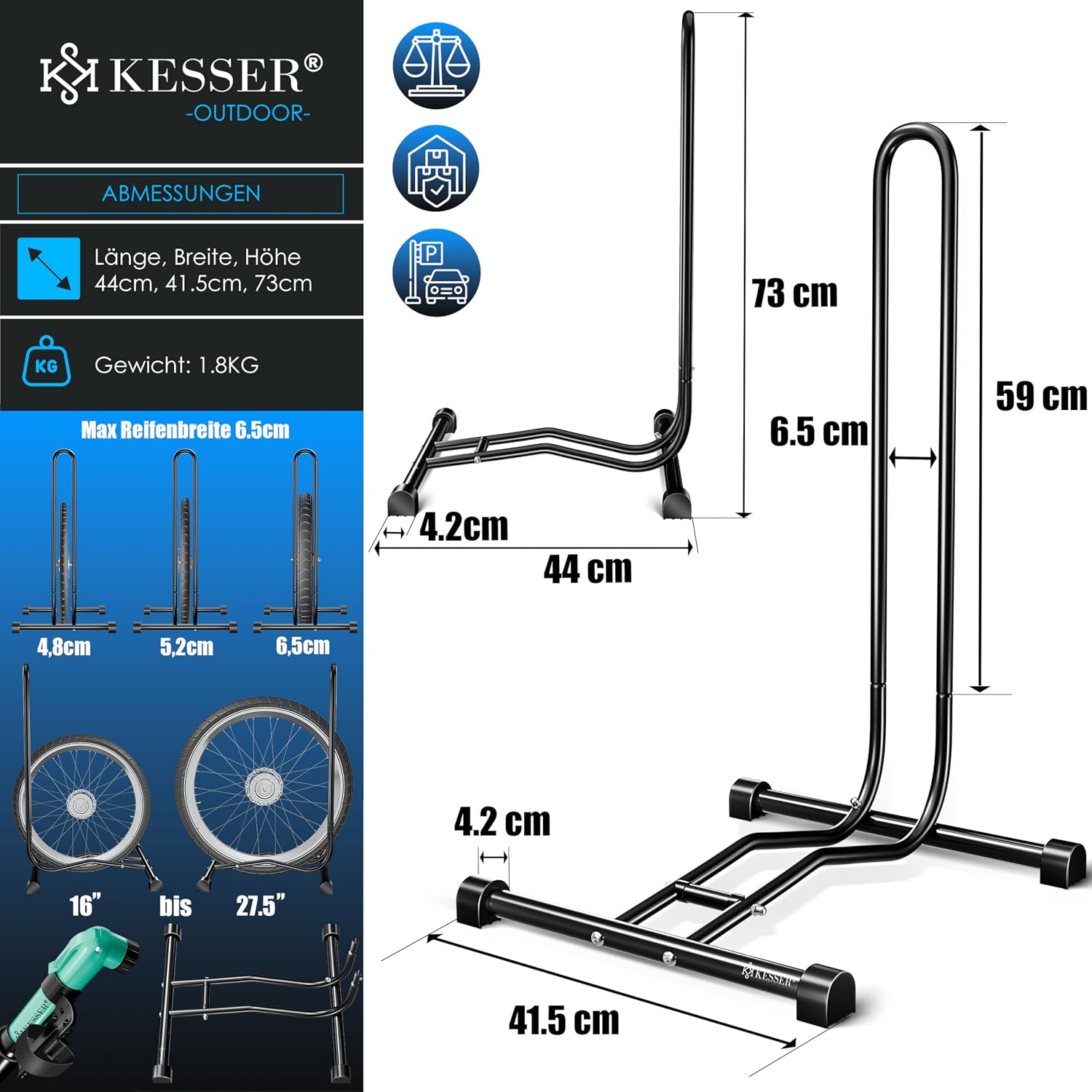 KESSER® Fahrradständer Boden einzeln für Mountainbike, E-Bike, Citybike, Rennrad, MTB | Fahrrad Montageständer | Freistehender Fahrradhalter Ständer Eisen | Reifenbreite bis 65mm | Inkl. Luftpumpe — Ansicht 5
