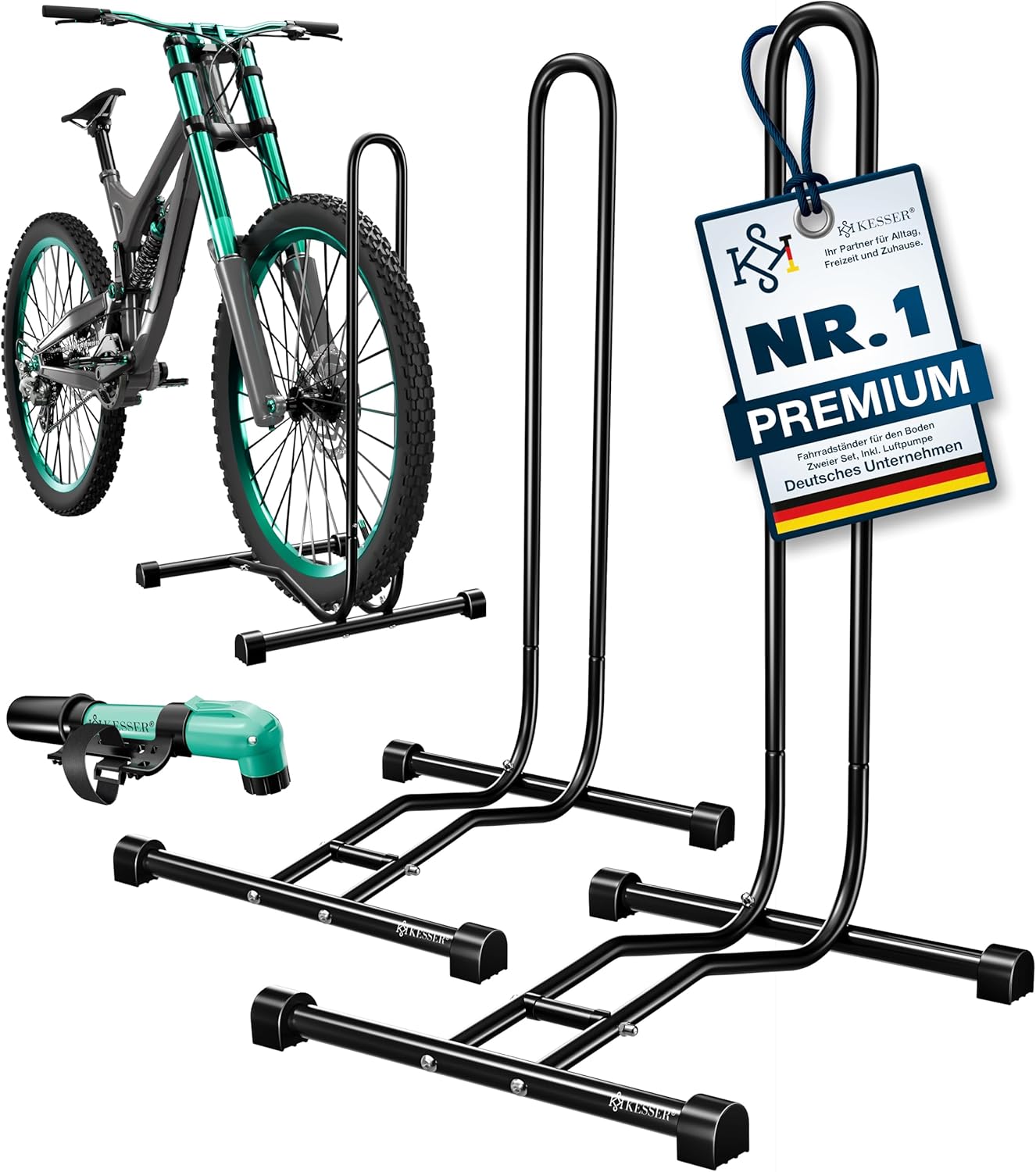 KESSER® Fahrradständer Boden einzeln für Mountainbike, E-Bike, Citybike, Rennrad, MTB | Fahrrad Montageständer | Freistehender Fahrradhalter Ständer Eisen | Reifenbreite bis 65mm | Inkl. Luftpumpe