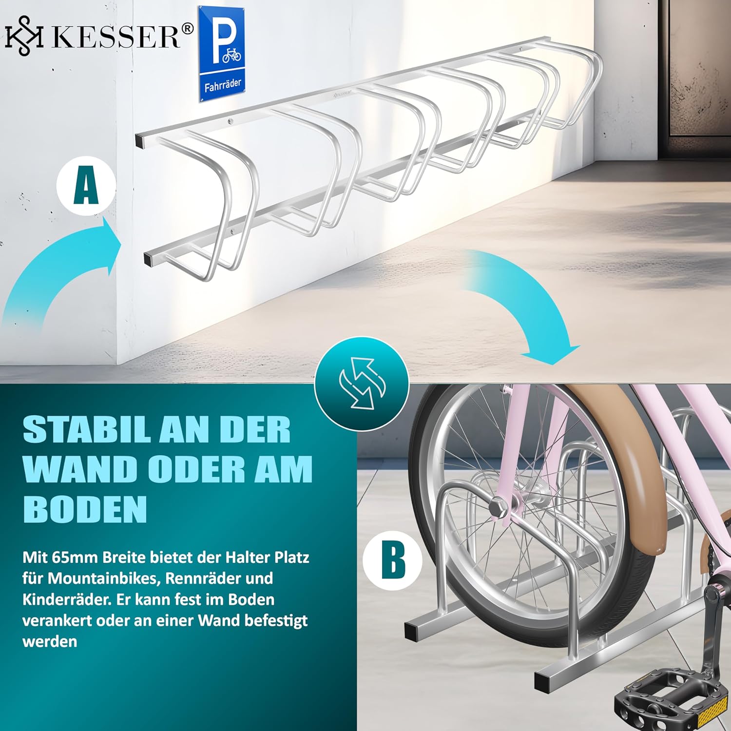 KESSER® Fahrradständer für 4 Fahrräder inkl. Parkschild | Mehrfachständer mit 37cm Radabstand für 30-65mm Reifenbreite | Fahrradhalter Aufstellständer für Boden- oder Wandmontage | Radständer Silber — Ansicht 3