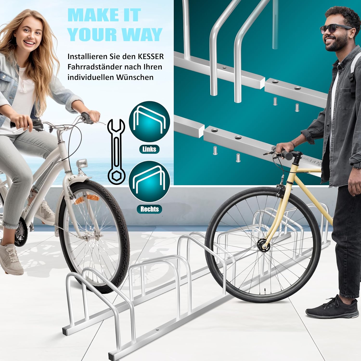 KESSER® Fahrradständer für 4 Fahrräder inkl. Parkschild | Mehrfachständer mit 37cm Radabstand für 30-65mm Reifenbreite | Fahrradhalter Aufstellständer für Boden- oder Wandmontage | Radständer Silber — Ansicht 4