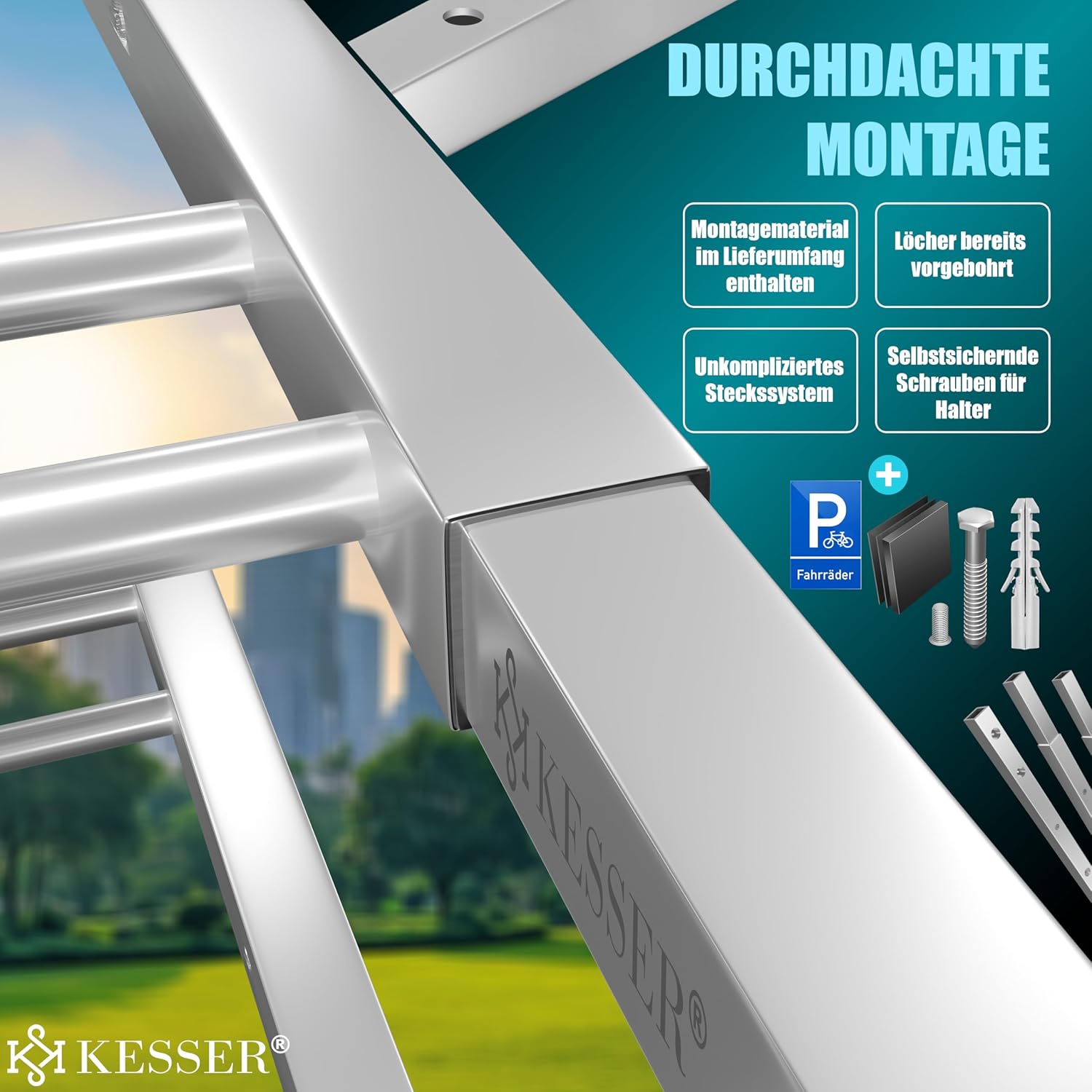 KESSER® Fahrradständer für 4 Fahrräder inkl. Parkschild | Mehrfachständer mit 37cm Radabstand für 30-65mm Reifenbreite | Fahrradhalter Aufstellständer für Boden- oder Wandmontage | Radständer Silber — Ansicht 6