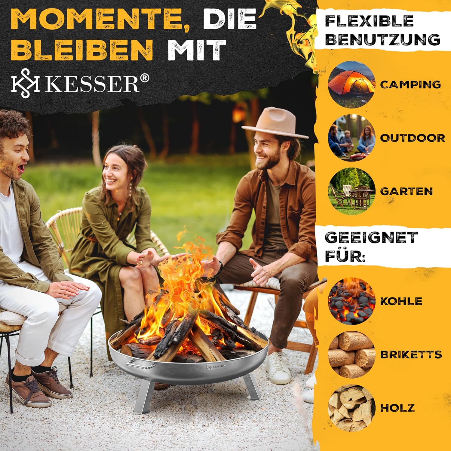 KESSER® Feuerschale 2,5mm Stahldicke | Feuerkorb Ø80cm Edelstahl | Feuertonne +42cm Feuerhaken Gusseisen Wasserablauf & 2 stabile Griffe Holz & Kohle Feuerstelle für Lagerfeuer Garten & Terrasse — Ansicht 3