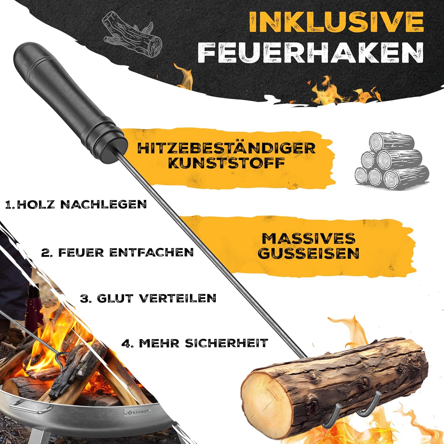 KESSER® Feuerschale 2,5mm Stahldicke | Feuerkorb Ø80cm Edelstahl | Feuertonne +42cm Feuerhaken Gusseisen Wasserablauf & 2 stabile Griffe Holz & Kohle Feuerstelle für Lagerfeuer Garten & Terrasse — Ansicht 4