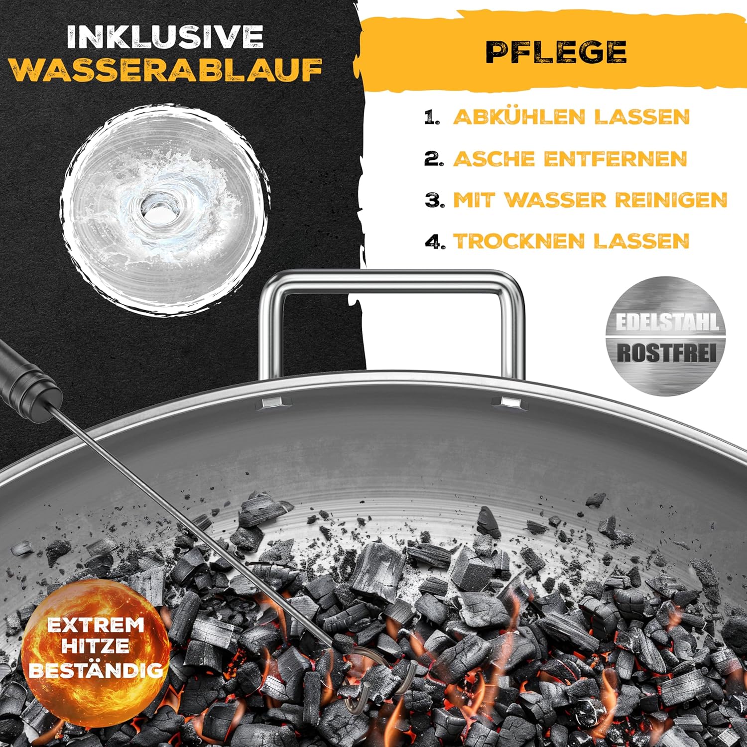 KESSER® Feuerschale 2,5mm Stahldicke | Feuerkorb Ø80cm Edelstahl | Feuertonne +42cm Feuerhaken Gusseisen Wasserablauf & 2 stabile Griffe Holz & Kohle Feuerstelle für Lagerfeuer Garten & Terrasse — Ansicht 5