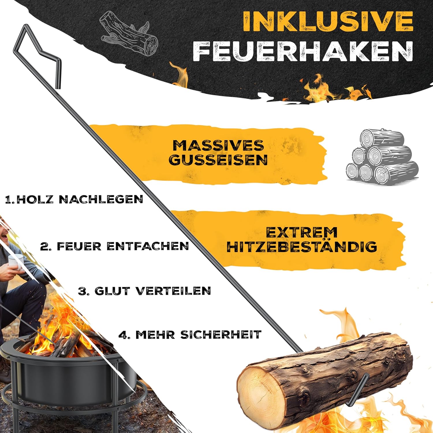 KESSER® Feuerschale mit Grillrost Ø65cm Feuerkorb 0,6mm Kaltveredelter Stahl | Mobile Feuertonne mit Reifen | Holz & Kohle Feuerstelle inkl. 60cm Feuerhaken aus Gusseisen, Ø52cm, Bürste & Cover — Ansicht 5