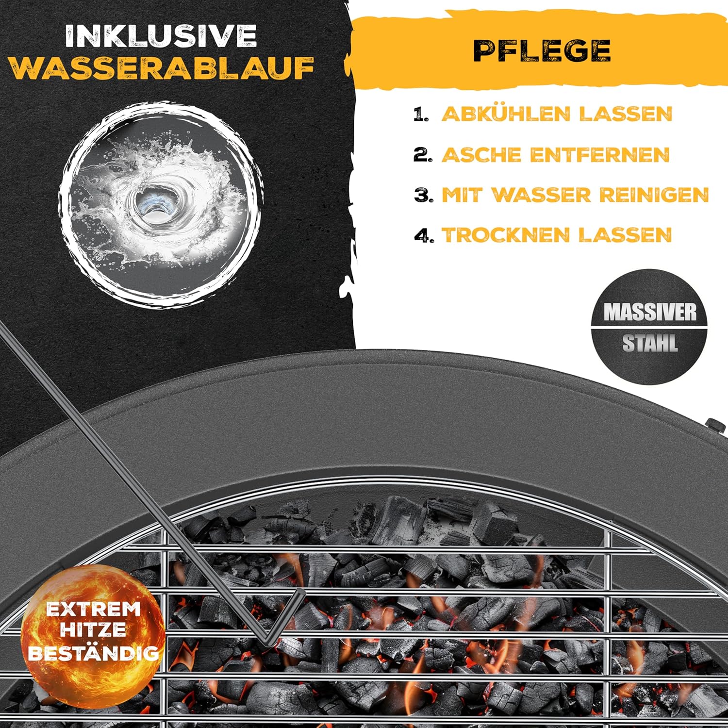 KESSER® Feuerschale mit Grillrost Ø65cm Feuerkorb 0,6mm Kaltveredelter Stahl | Mobile Feuertonne mit Reifen | Holz & Kohle Feuerstelle inkl. 60cm Feuerhaken aus Gusseisen, Ø52cm, Bürste & Cover — Ansicht 6