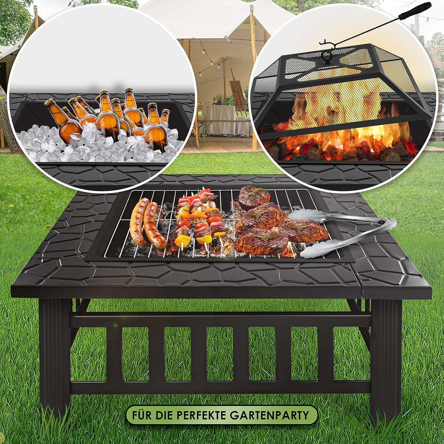 KESSER® Feuerstelle mit Grillrost & Grillzange Feuerschale 82x82x50cm, 3in1 Multifunktional Fire Pit für Heizung/BBQ Grill, Garten Terrasse, Metall Feuerkorb mit Schutzhülle Schürhaken Funkenschutz — Ansicht 3