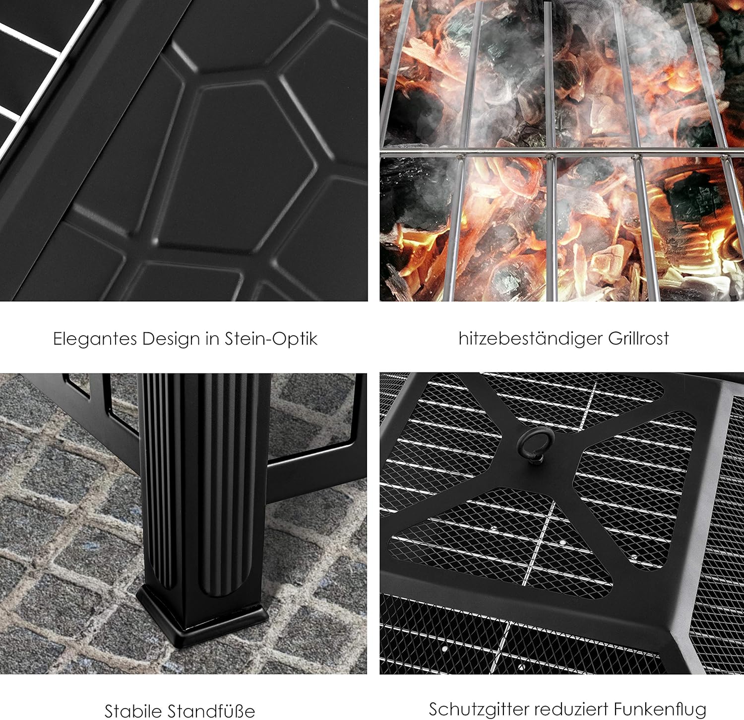 KESSER® Feuerstelle mit Grillrost & Grillzange Feuerschale 82x82x50cm, 3in1 Multifunktional Fire Pit für Heizung/BBQ Grill, Garten Terrasse, Metall Feuerkorb mit Schutzhülle Schürhaken Funkenschutz — Ansicht 4