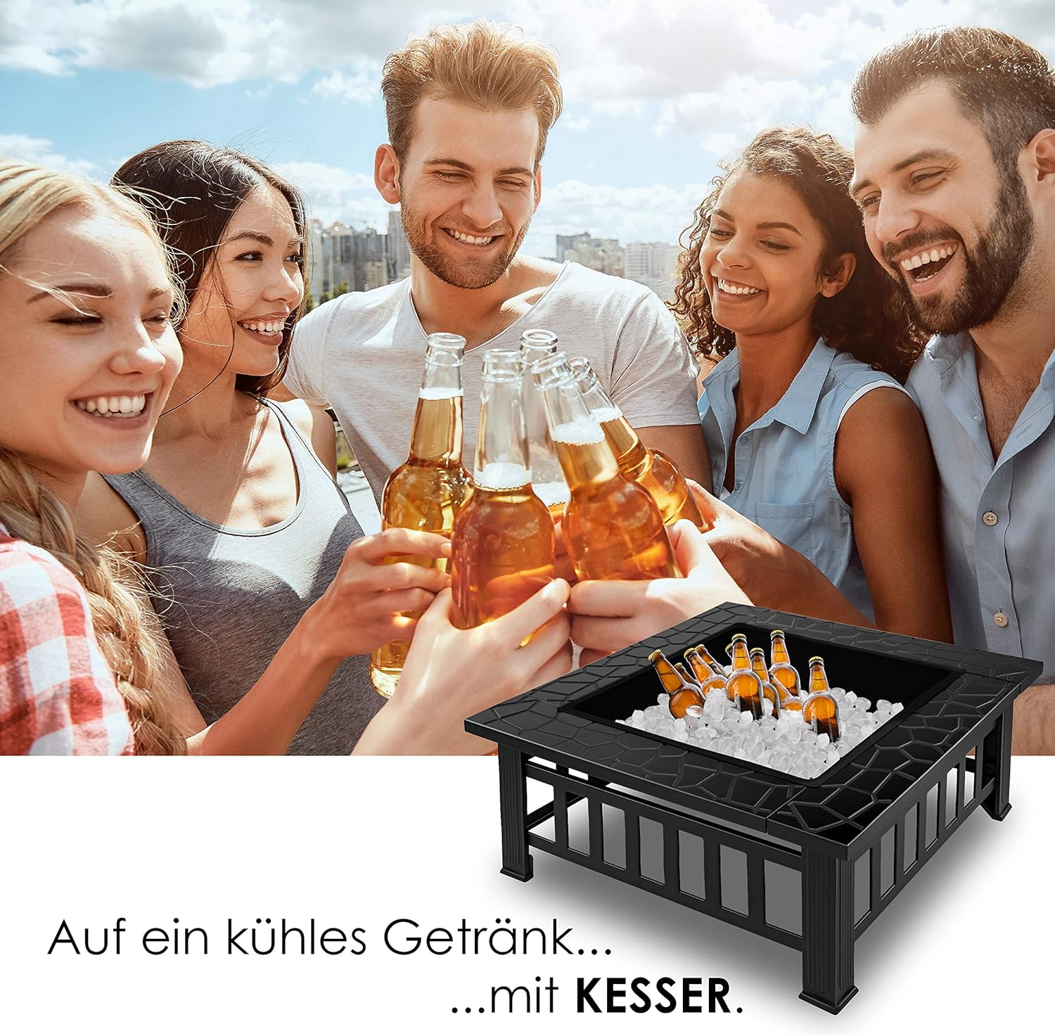 KESSER® Feuerstelle mit Grillrost & Grillzange Feuerschale 82x82x50cm, 3in1 Multifunktional Fire Pit für Heizung/BBQ Grill, Garten Terrasse, Metall Feuerkorb mit Schutzhülle Schürhaken Funkenschutz — Ansicht 6